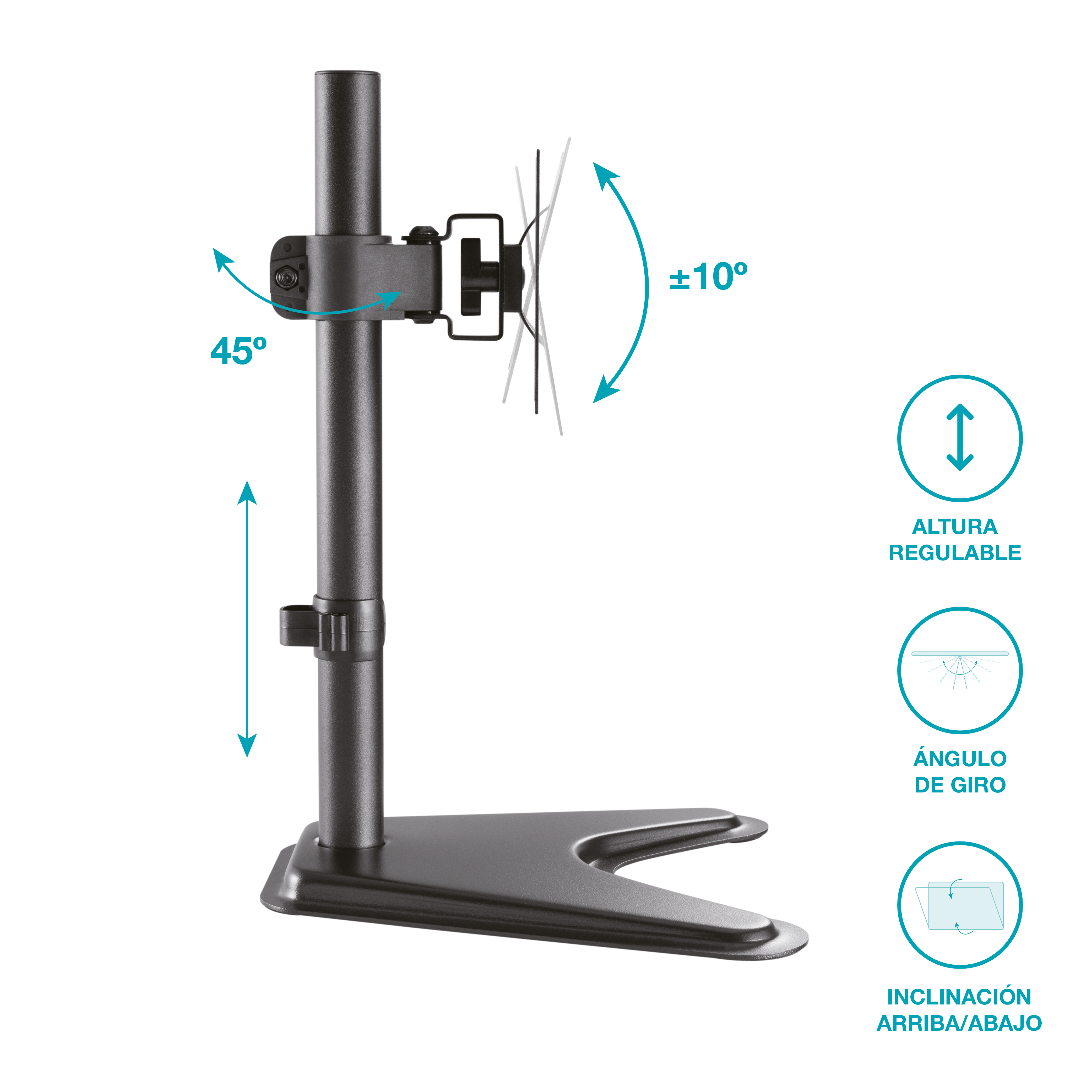 Soporte de monitor negro con altura y rotación ajustables. Flechas indican movimiento y ángulos.
