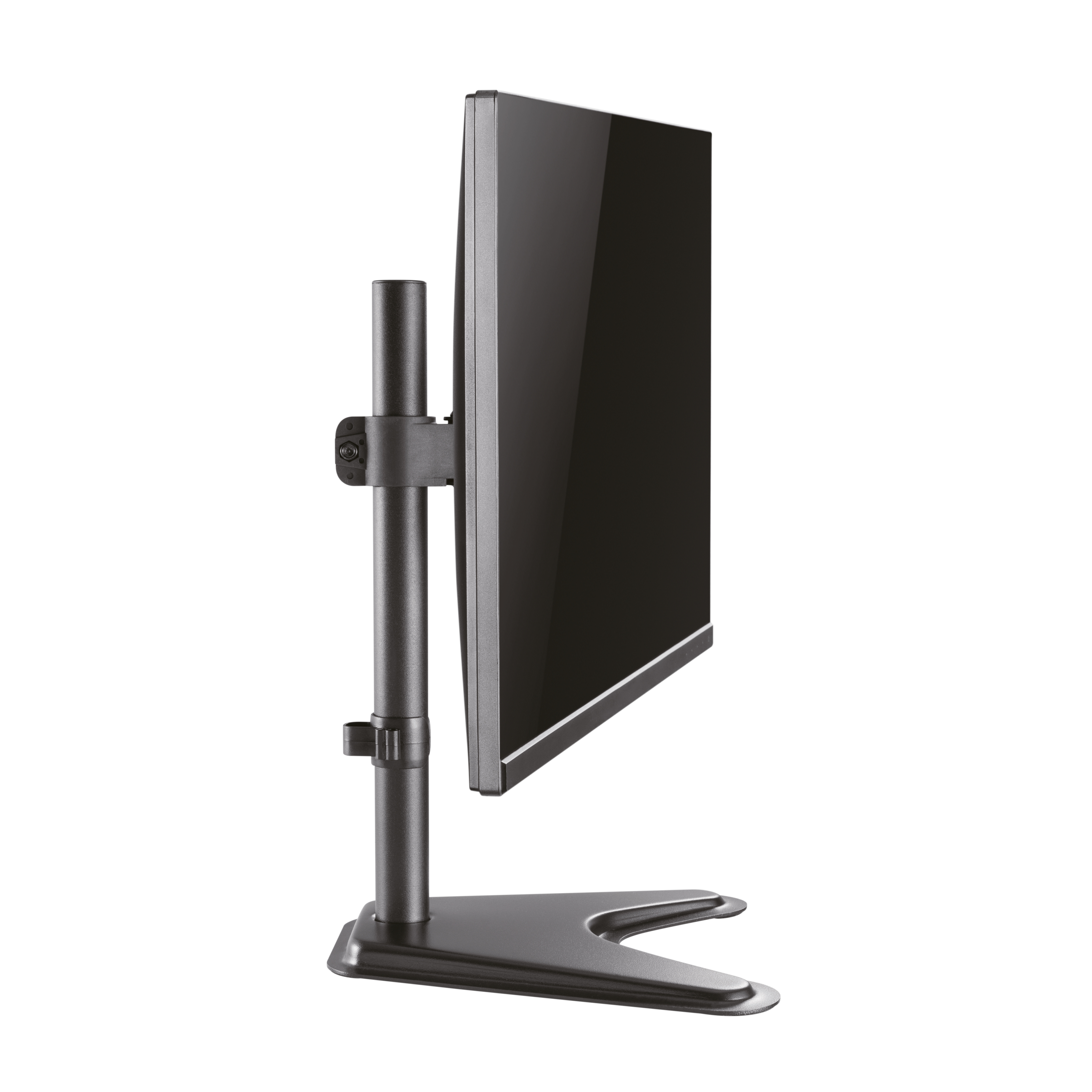 Monitor negro sobre un soporte. Fondo blanco.