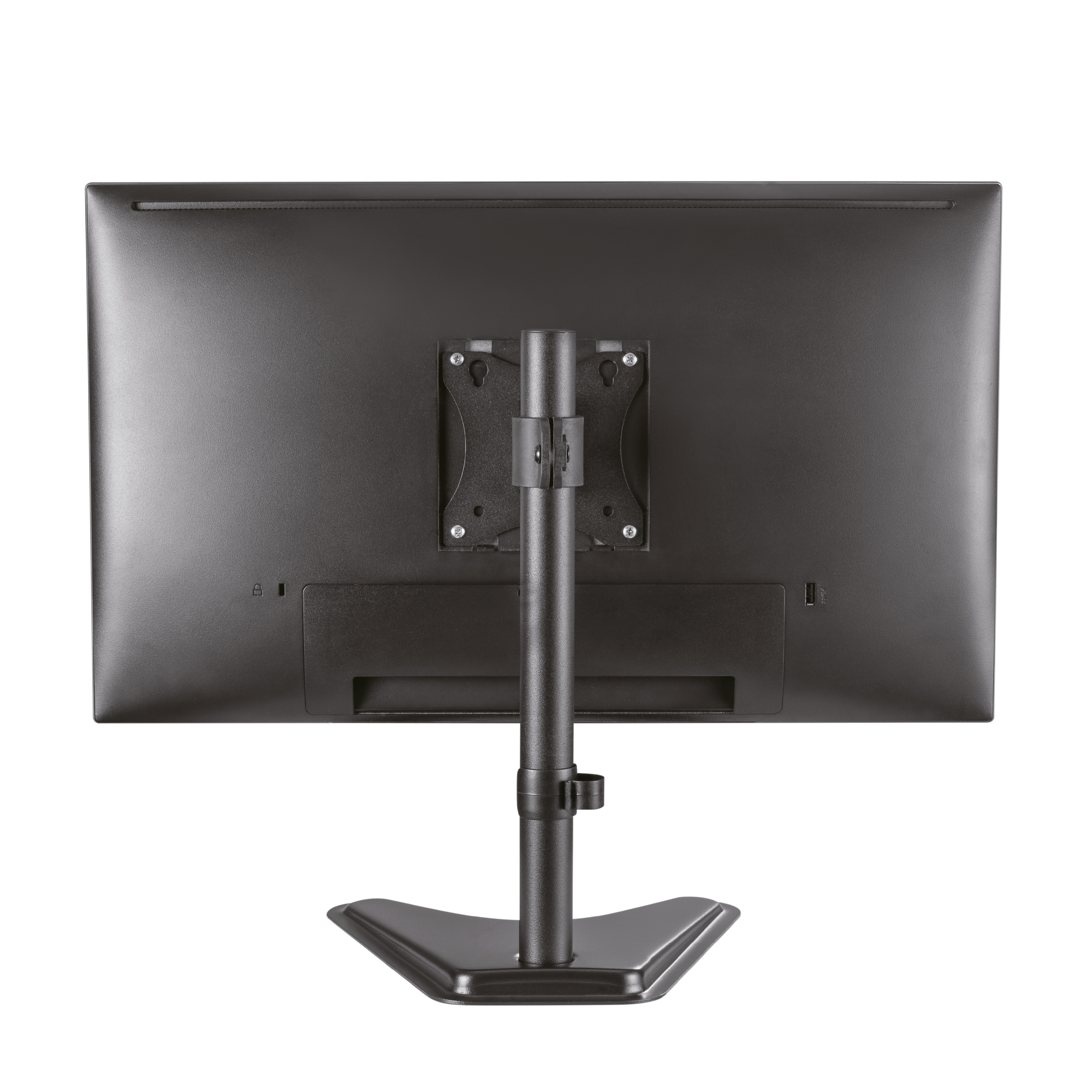 Se muestra la parte trasera de un monitor con soporte. Es negro con un soporte de montaje central.