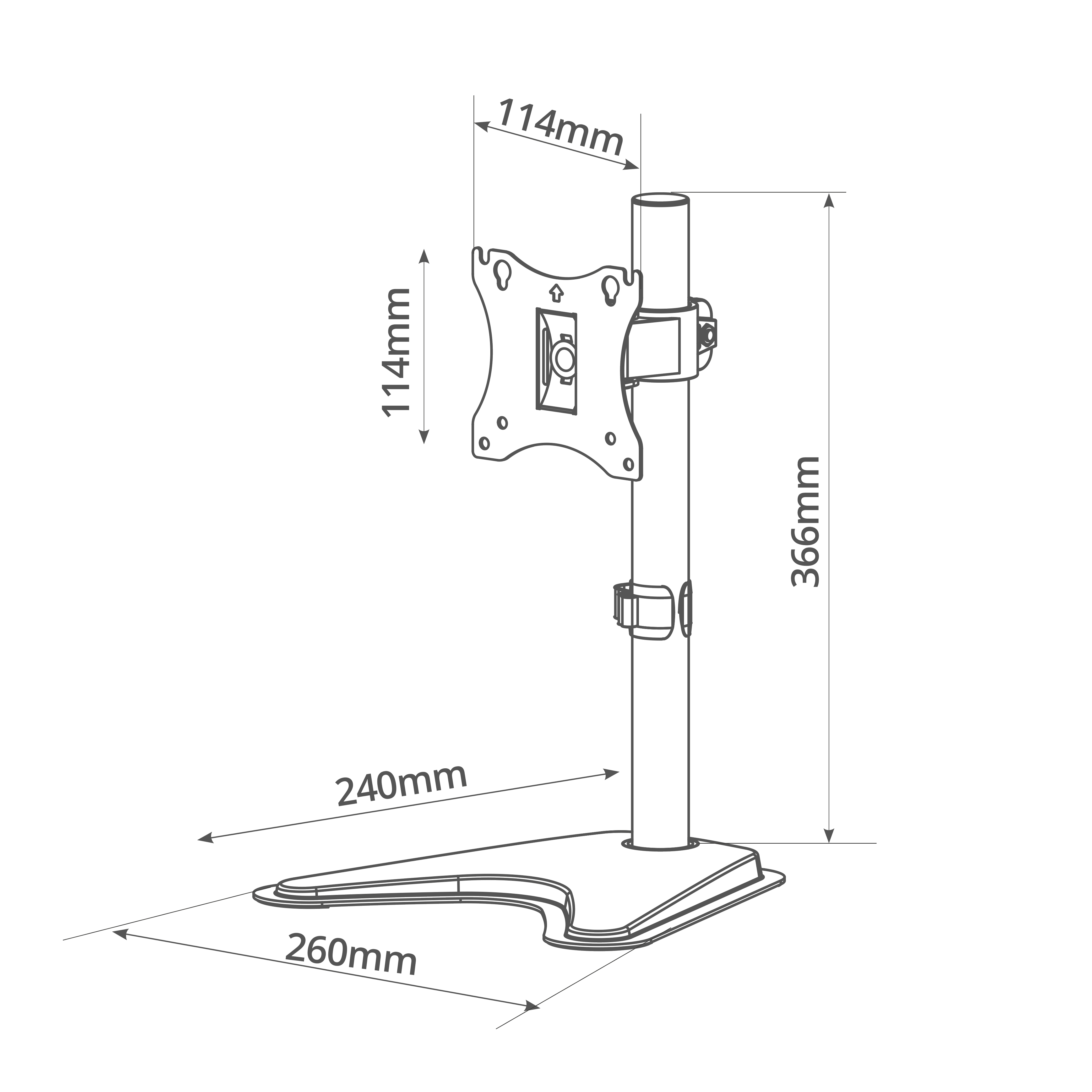 Diagrama de un soporte de monitor con medidas en mm y cm.