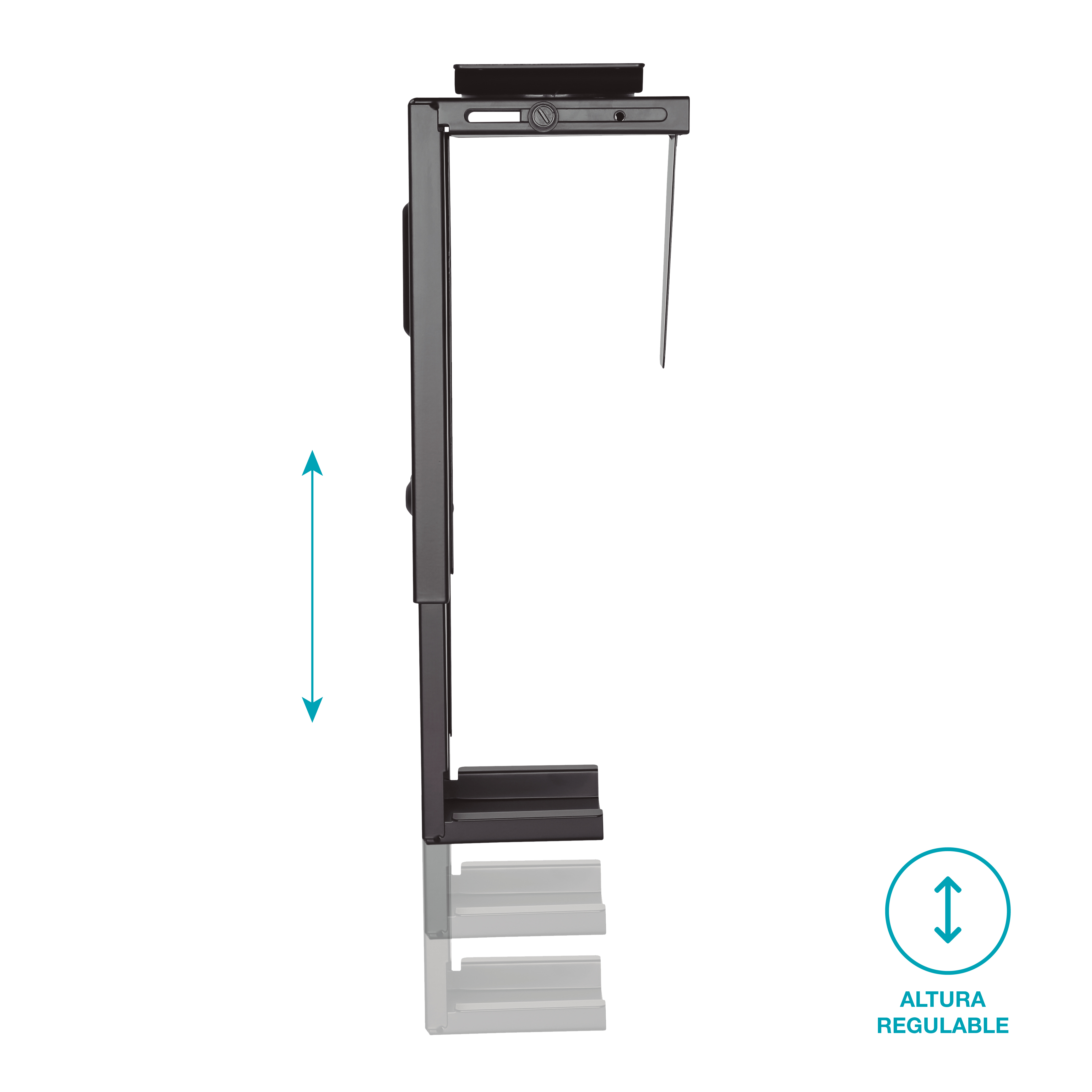 Un soporte negro con altura ajustable. Dos flechas indican el ajuste.