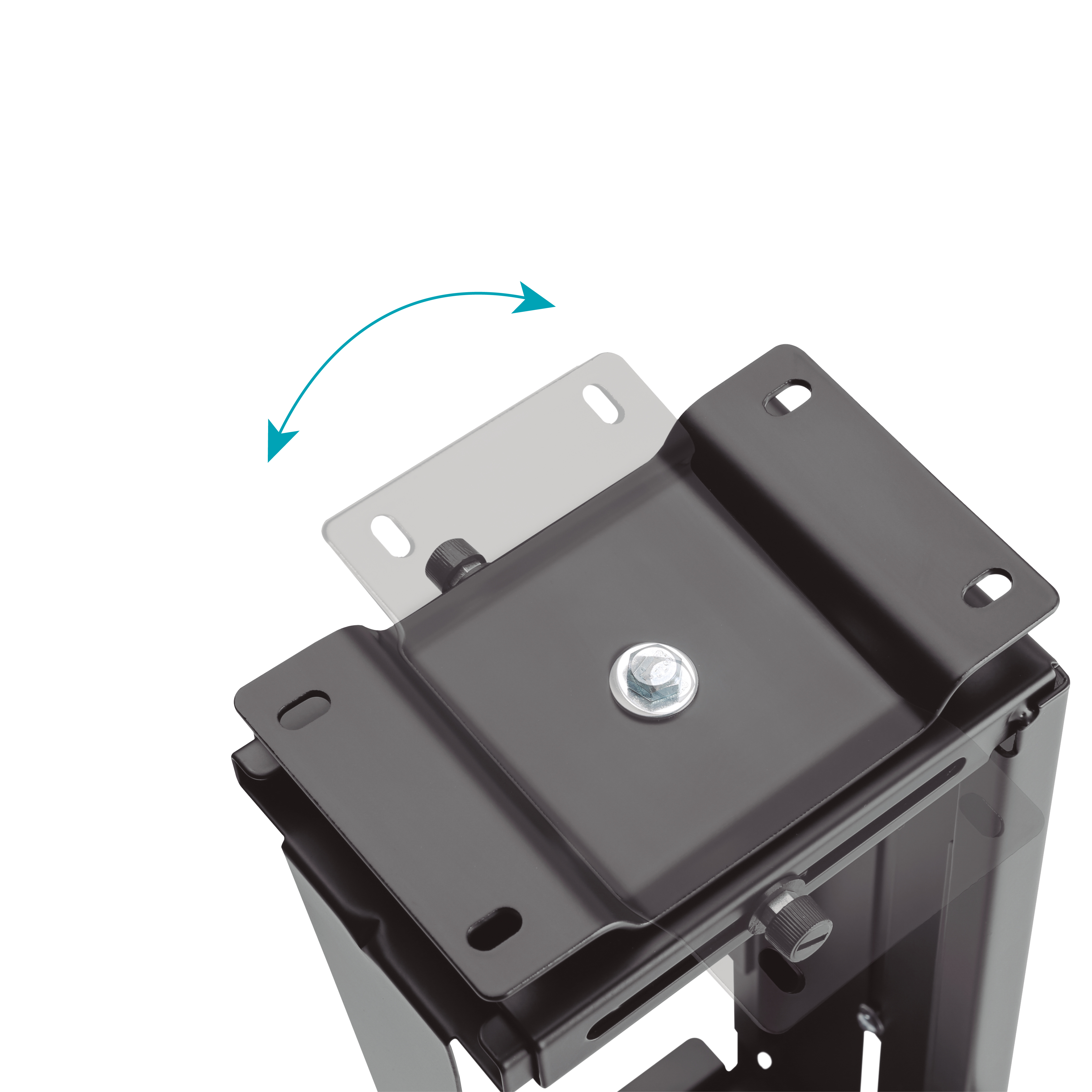Soporte de pared para TV negro, con flecha indicando ajuste.