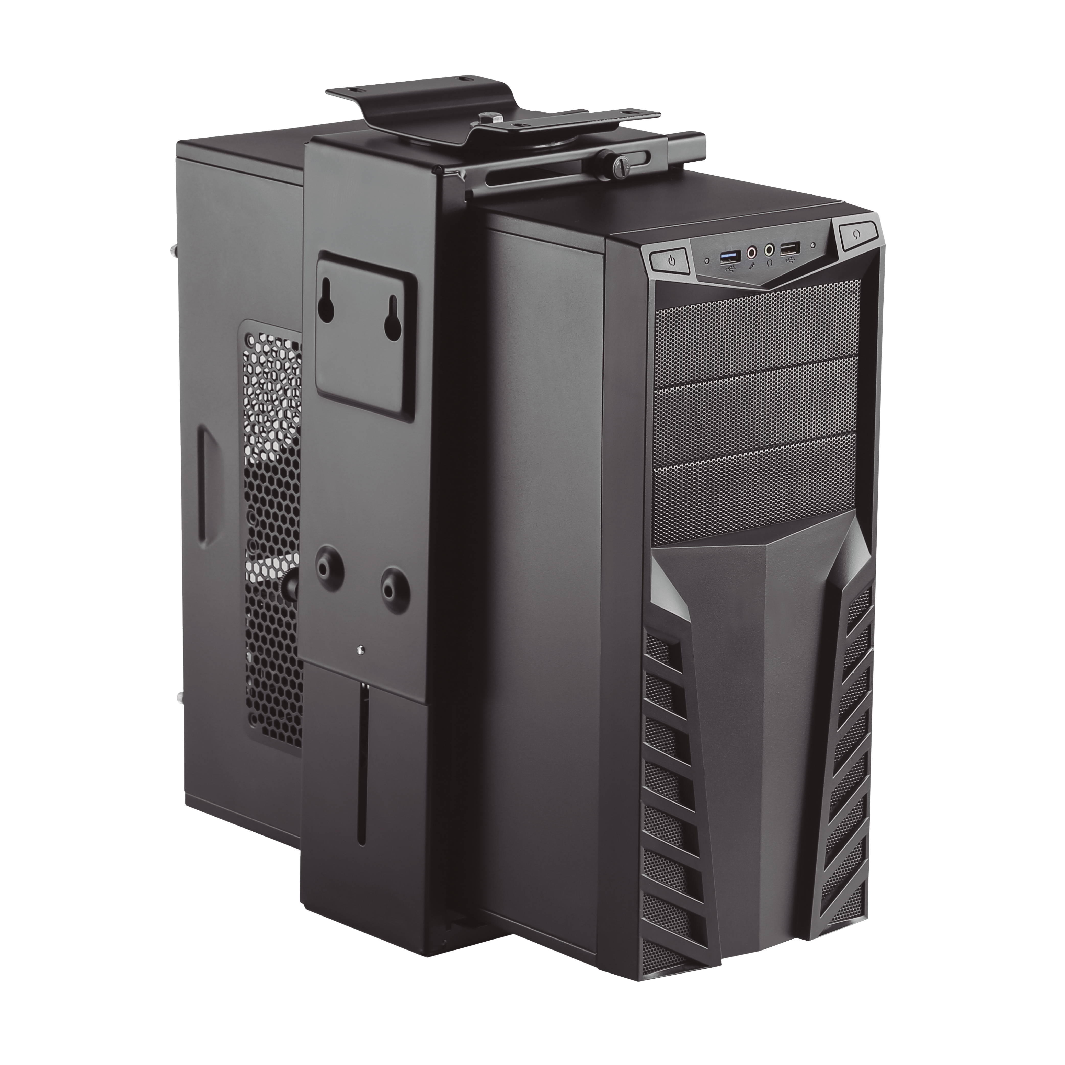 Caja de computadora negra con soporte lateral. El soporte sostiene una caja negra más pequeña.