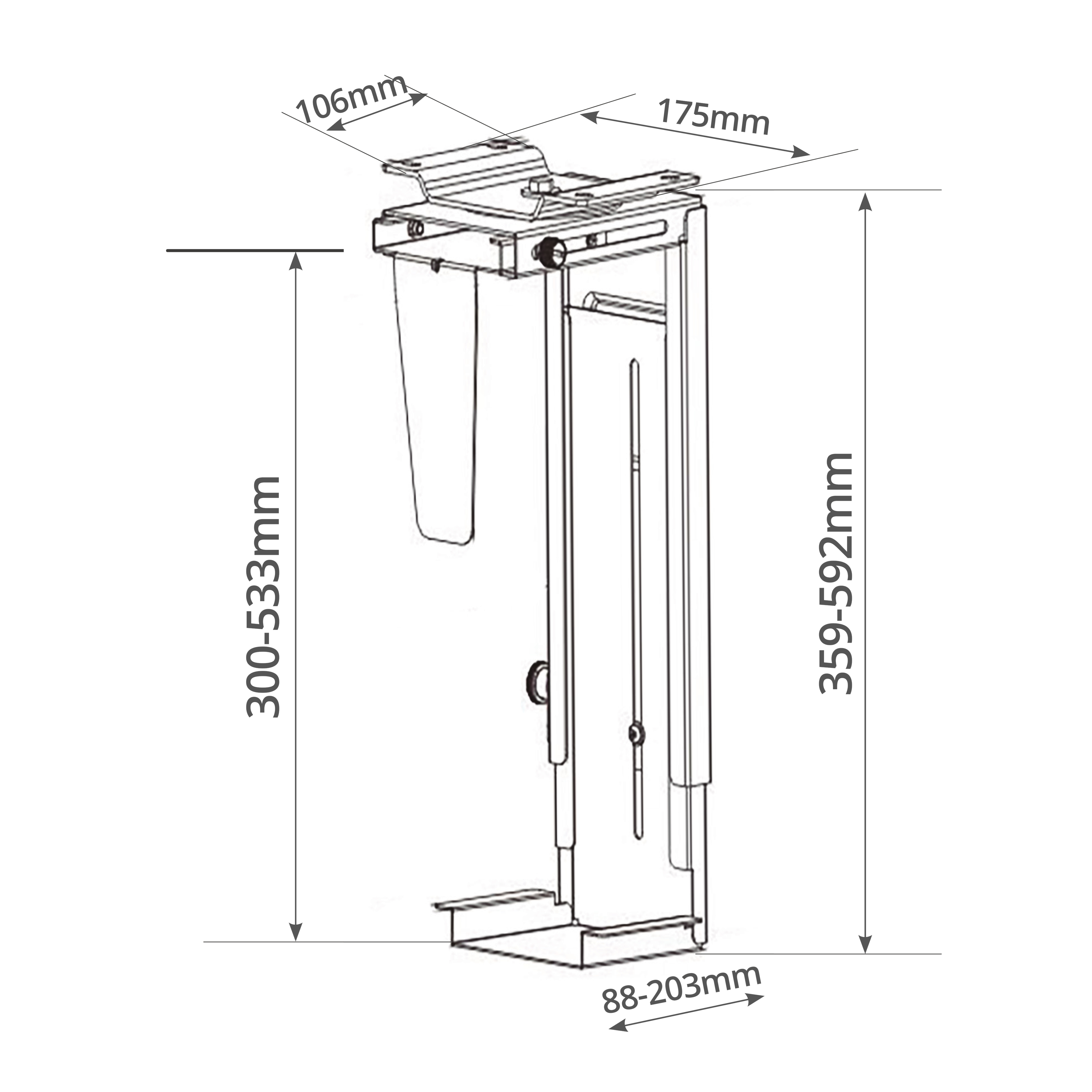 Un soporte de computadora plateado con dimensiones etiquetadas en milímetros sobre un fondo blanco.