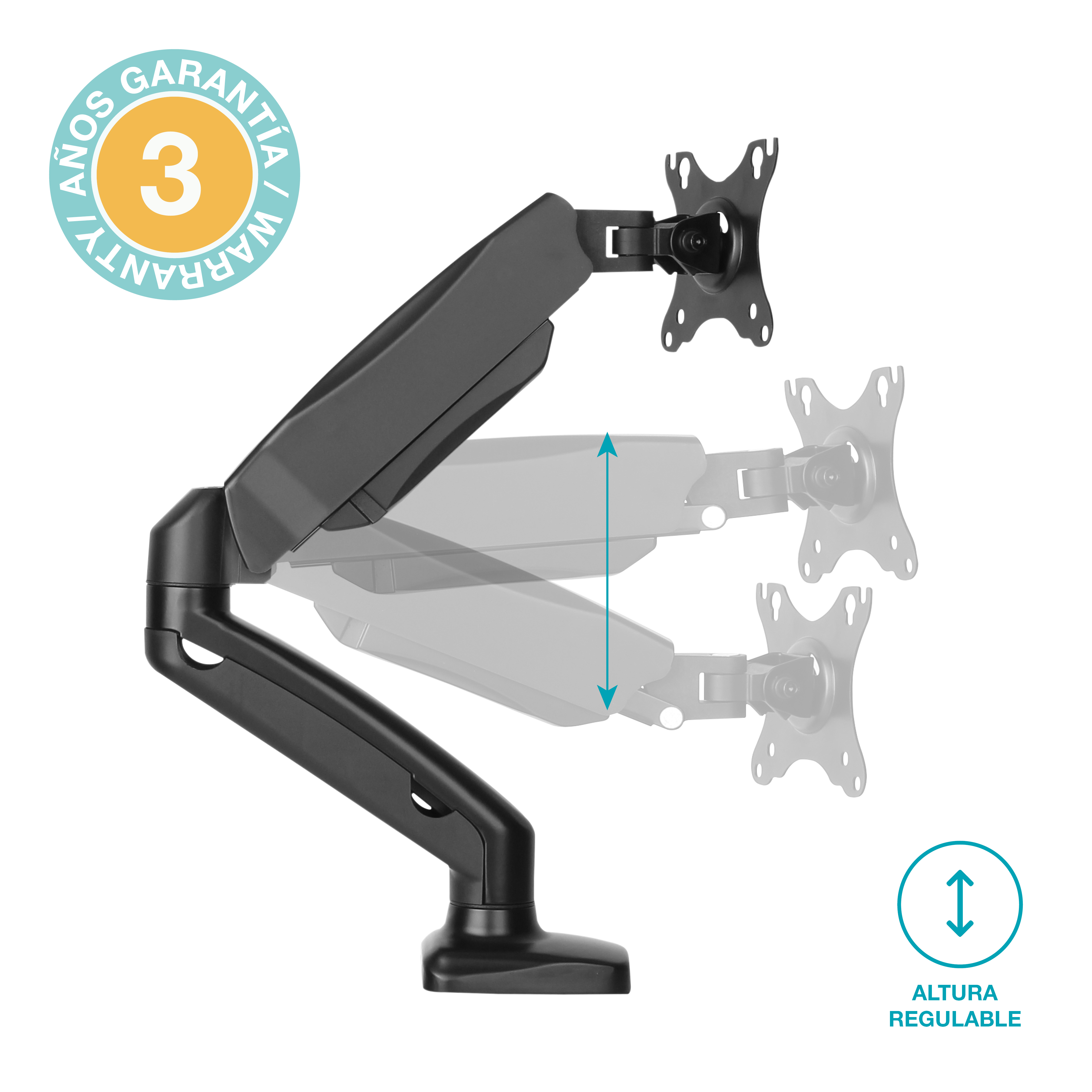 Brazo de monitor negro con función de altura ajustable y etiqueta de garantía de 3 años.