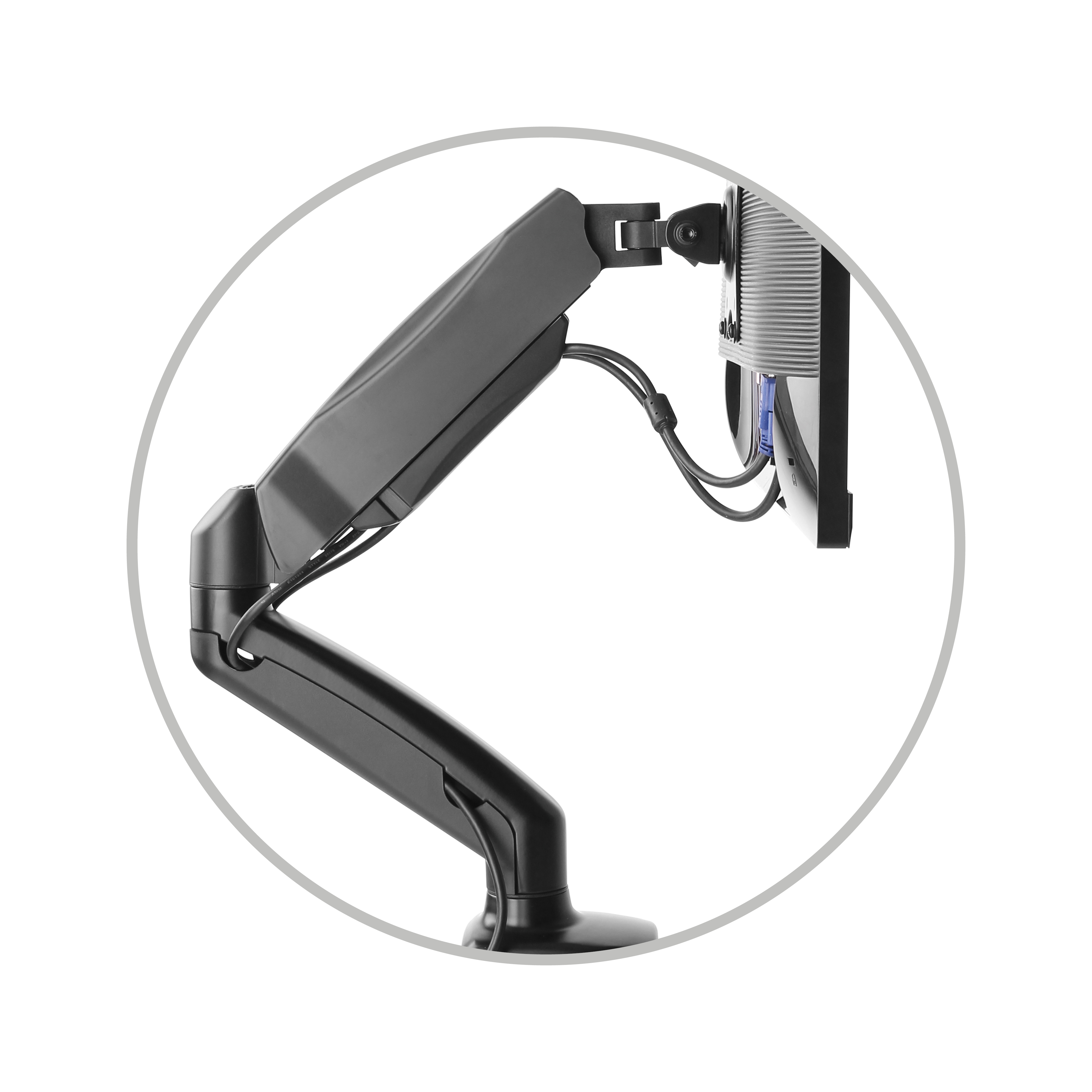 Detalle del brazo del monitor, que muestra el brazo y un monitor. El brazo es negro, el monitor es parcialmente visible.