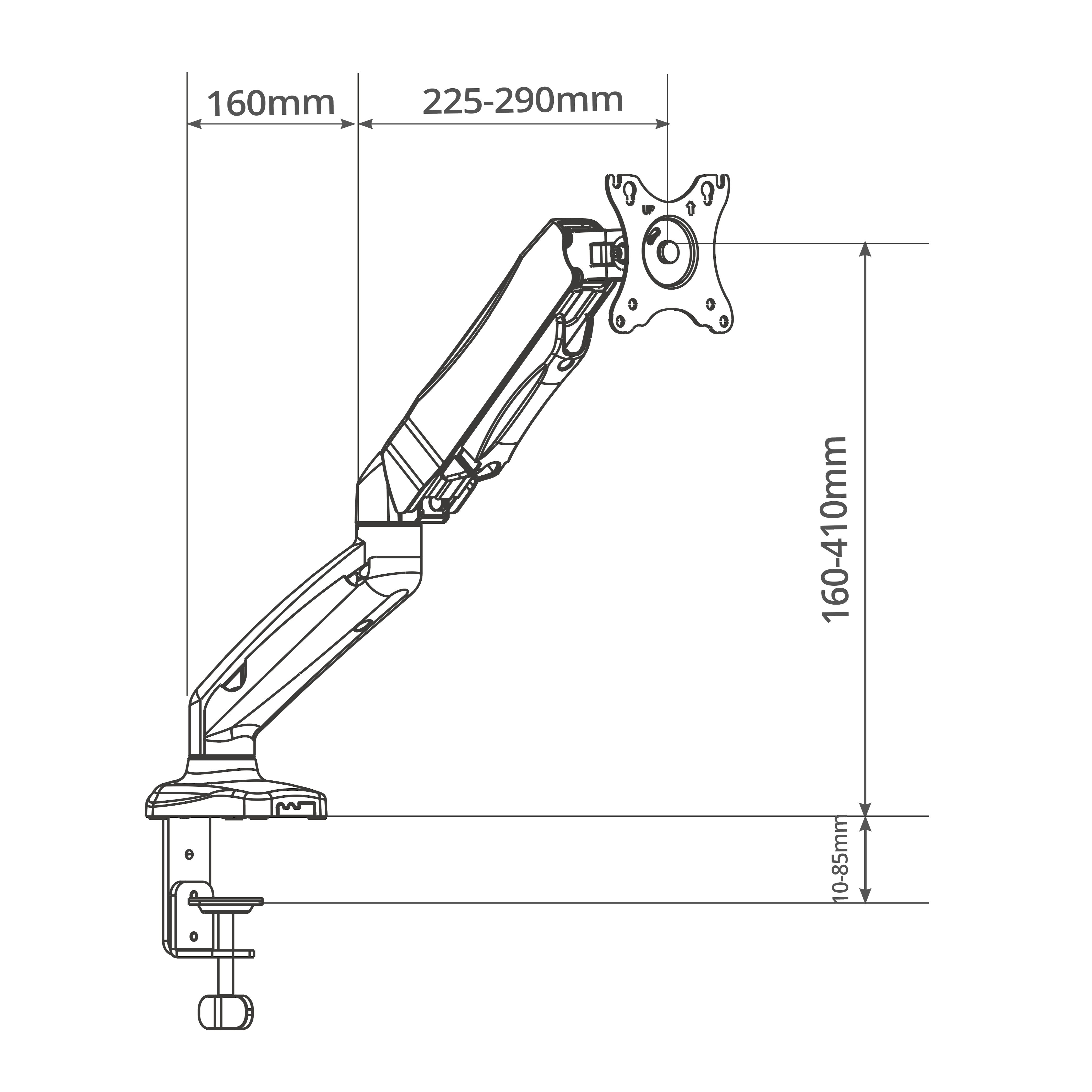 Diagrama de un brazo de monitor con medidas: 160 mm, 225-290 mm y 160-410 mm.