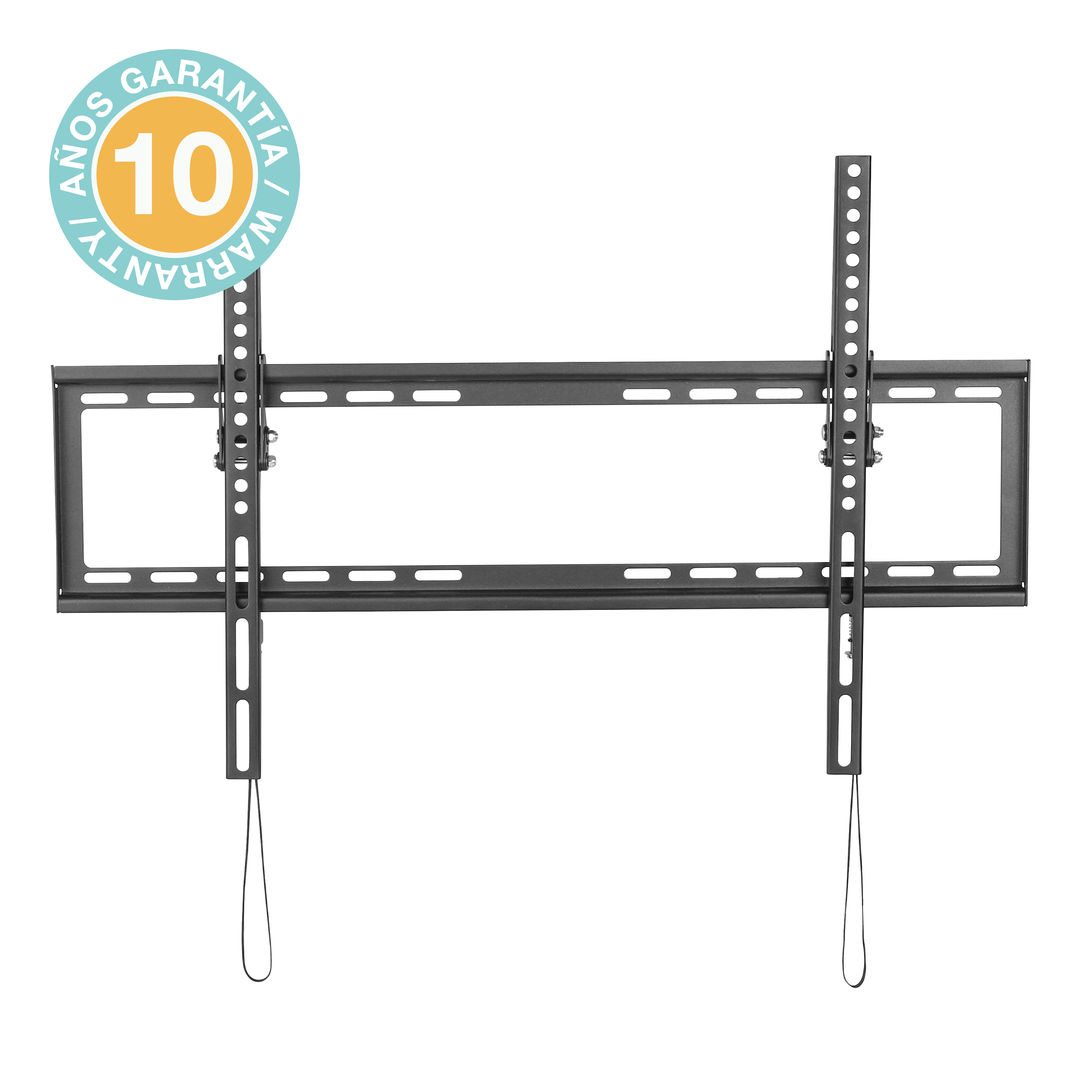 Soporte de pared para TV negro con pegatina de garantía de 10 años. Dos raíles verticales y marco.