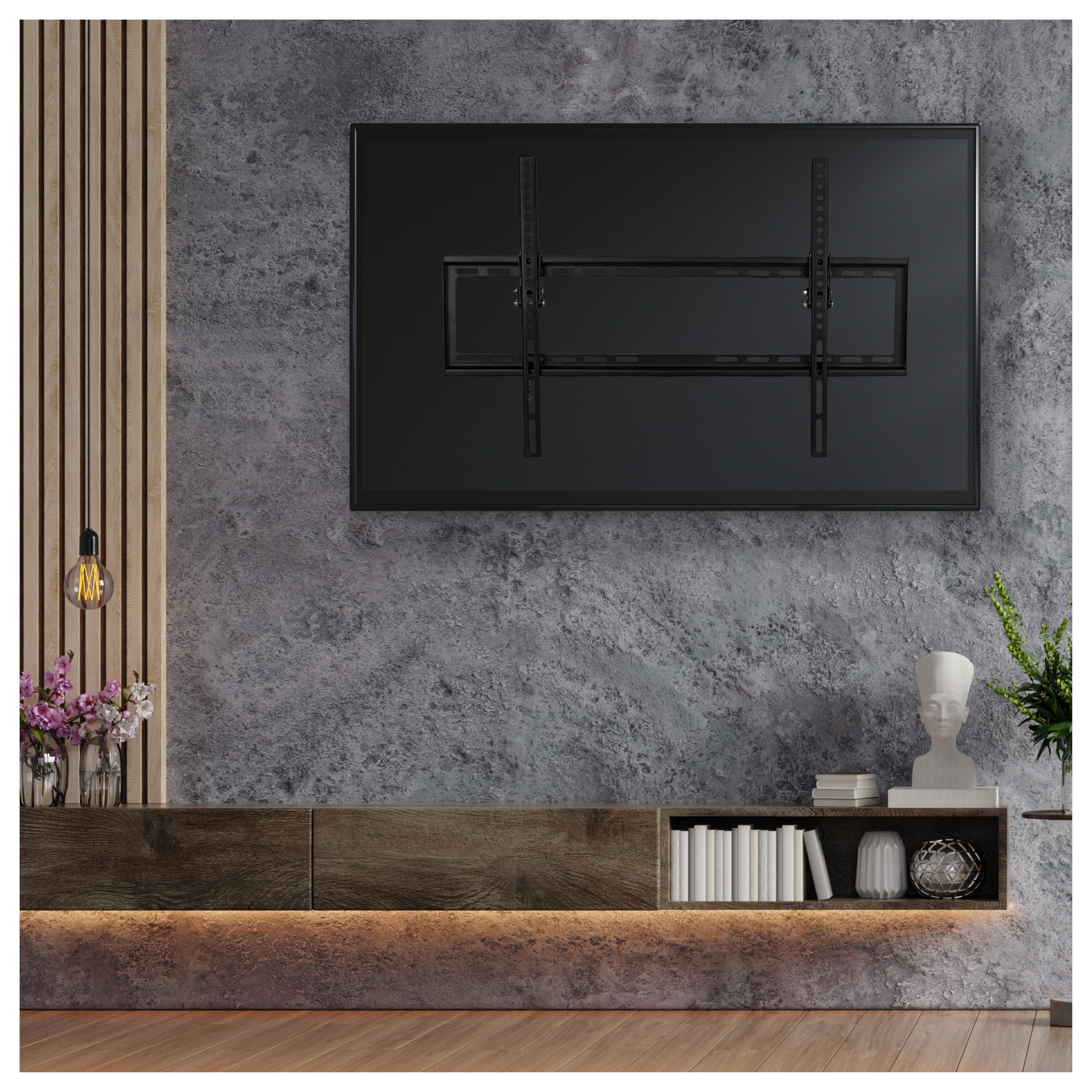 TV montado en pared, con fondo decorativo. Librería debajo.