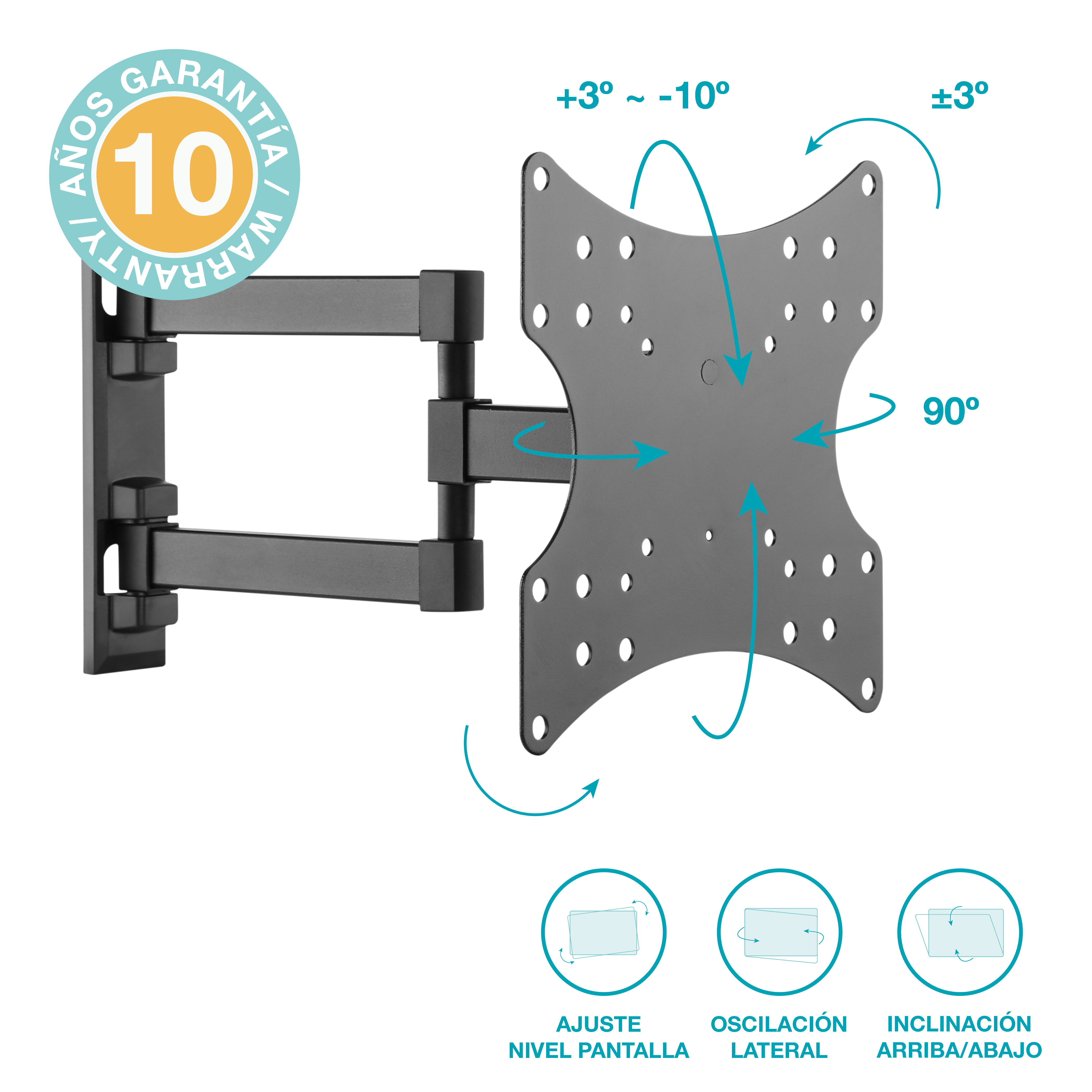 Soporte de pared para TV negro con detalles de garantía. Flechas indican ajustes de inclinación.