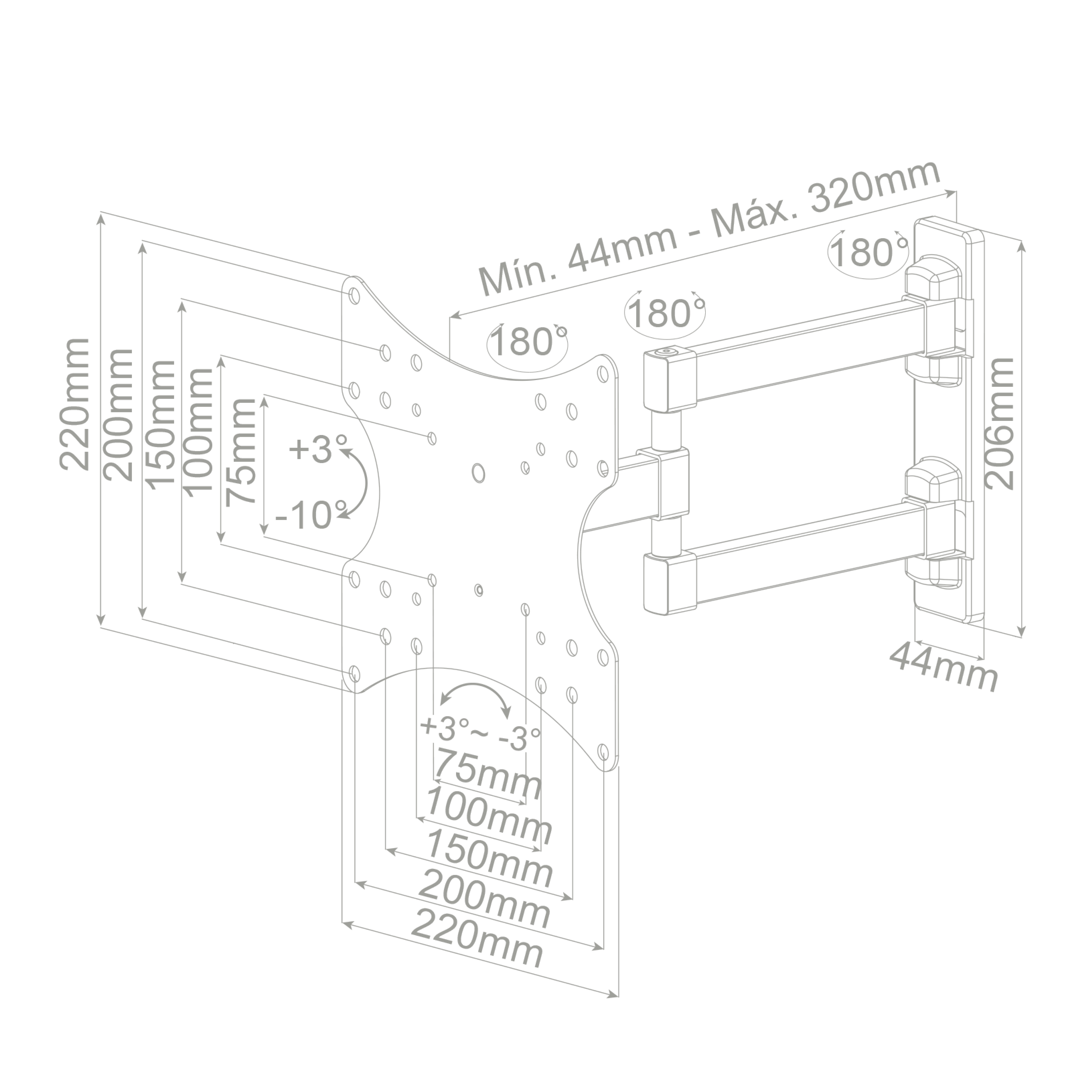 Diagrama de un soporte de TV con dimensiones y partes ajustables, sobre un fondo blanco.
