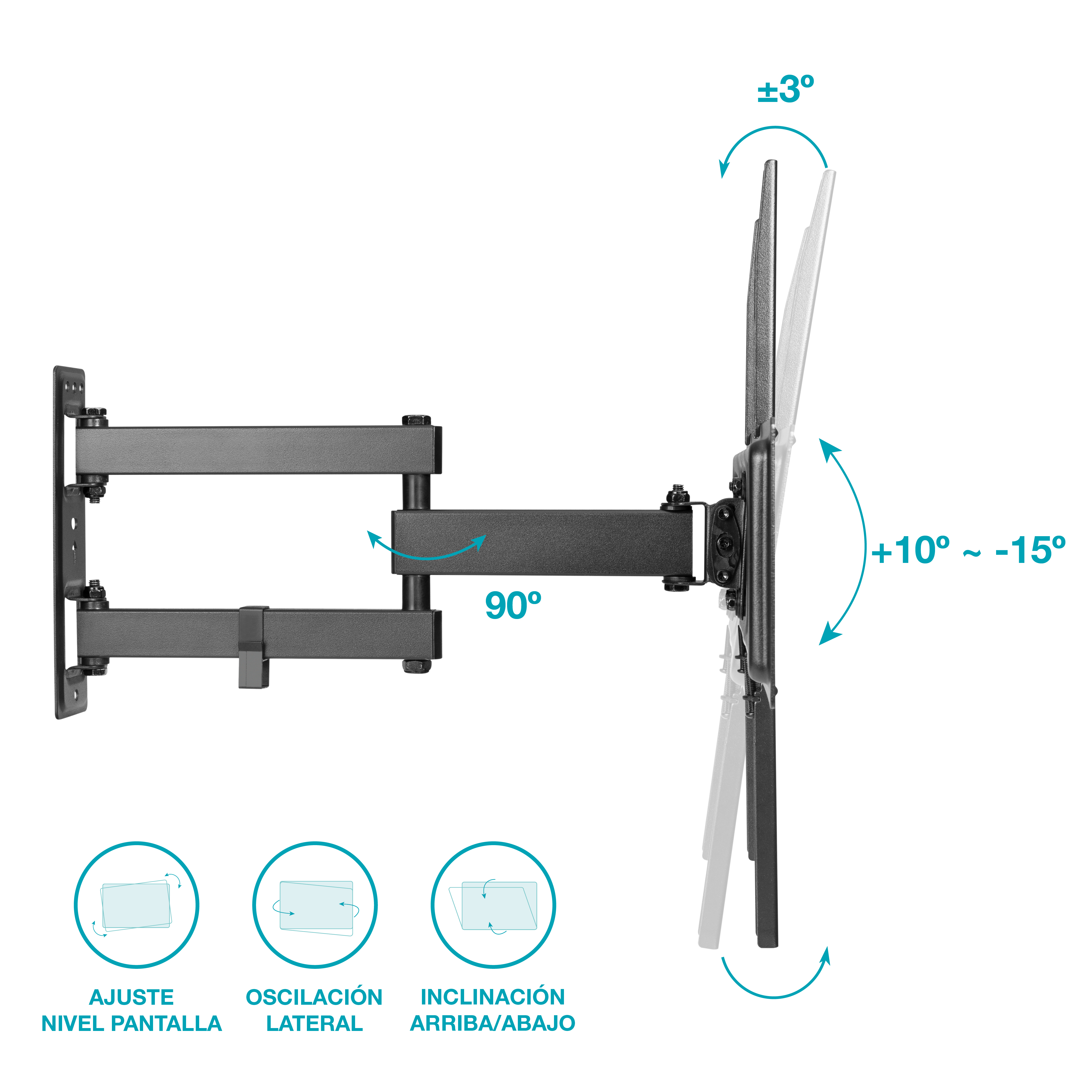 Soporte de pared para TV. Muestra las posibilidades de ajuste del televisor.