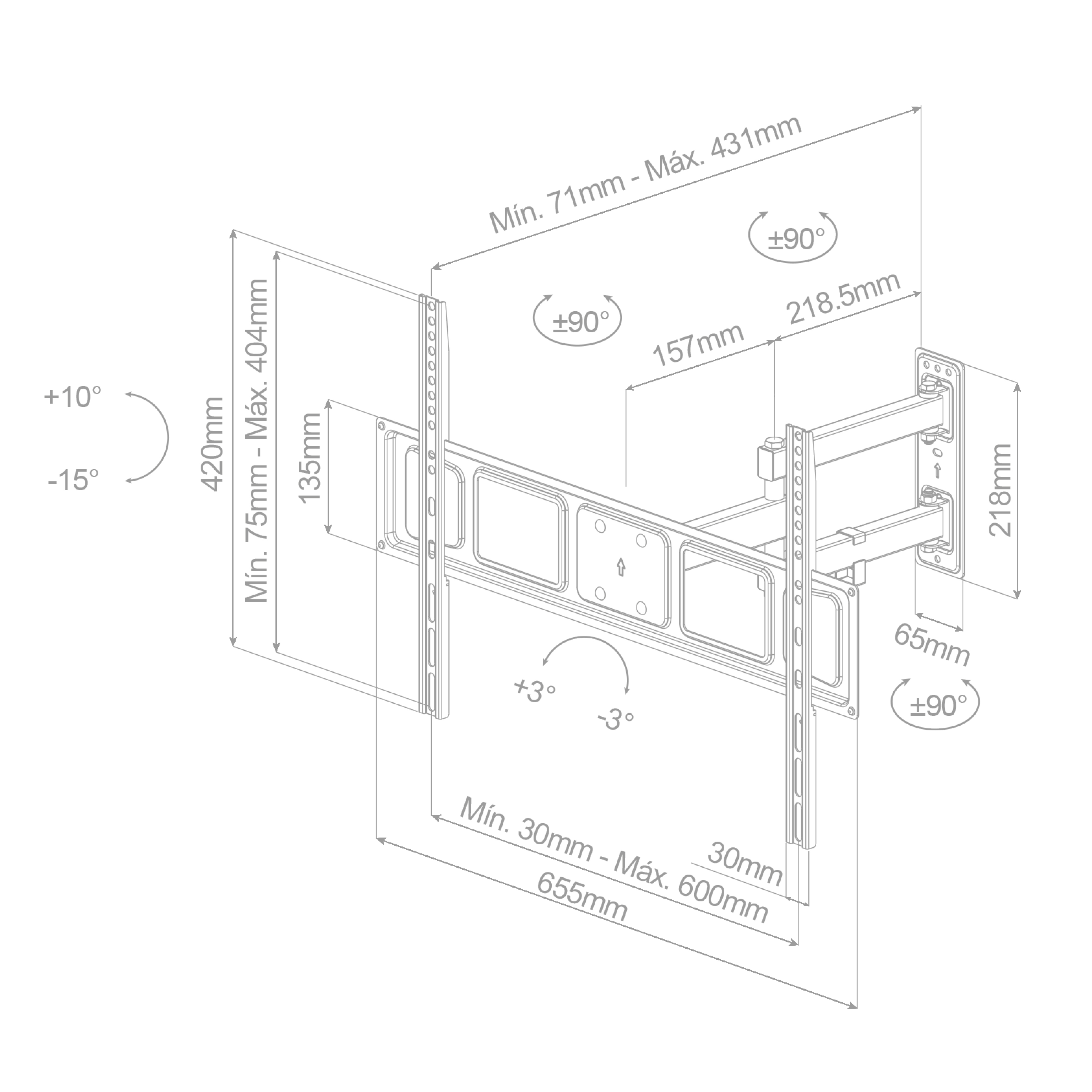 Dibujo técnico de un soporte de monitor con dimensiones y ángulos, destacando sus características ajustables.