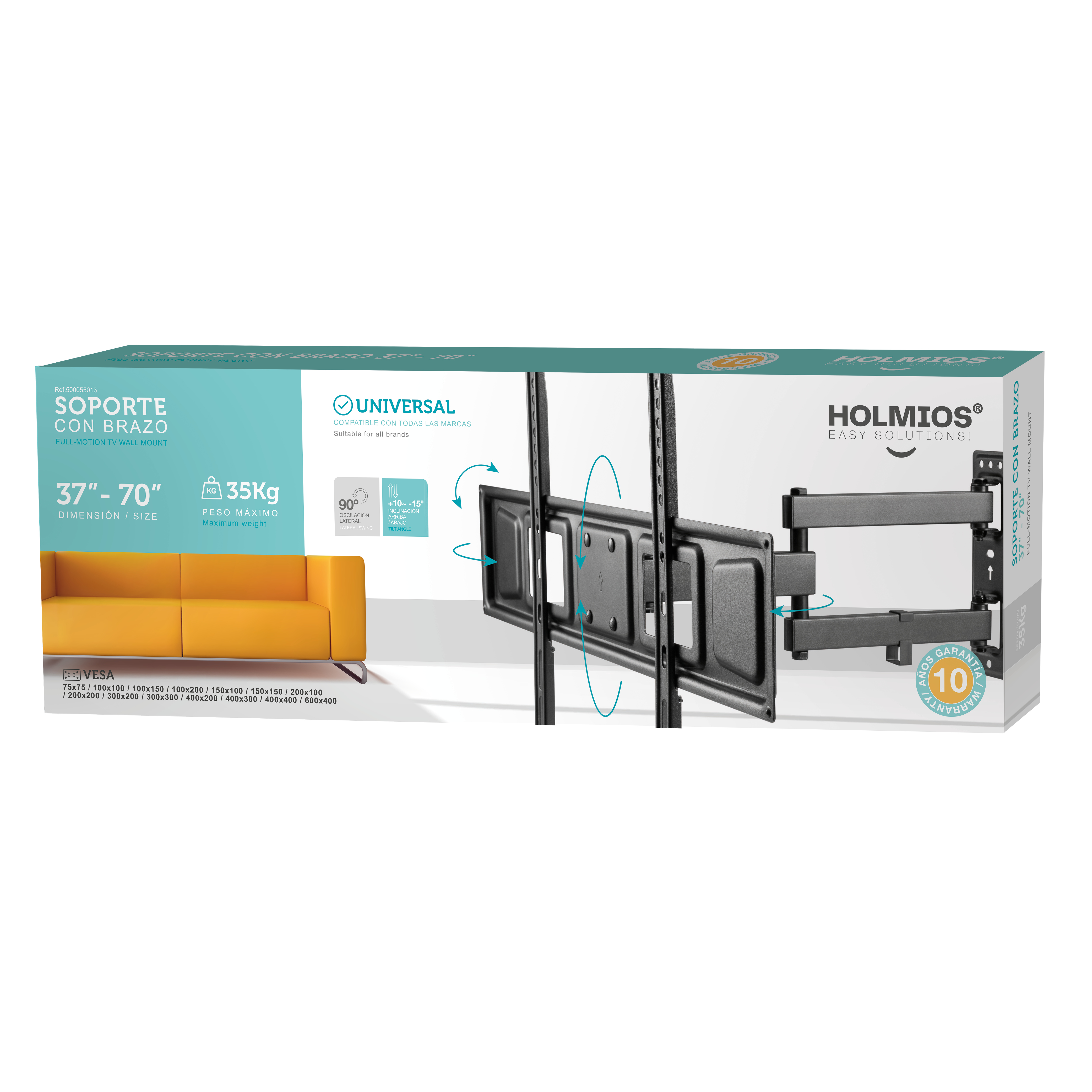Caja de soporte de pared para TV con imágenes de sofá y TV. Texto detalla las especificaciones del soporte.