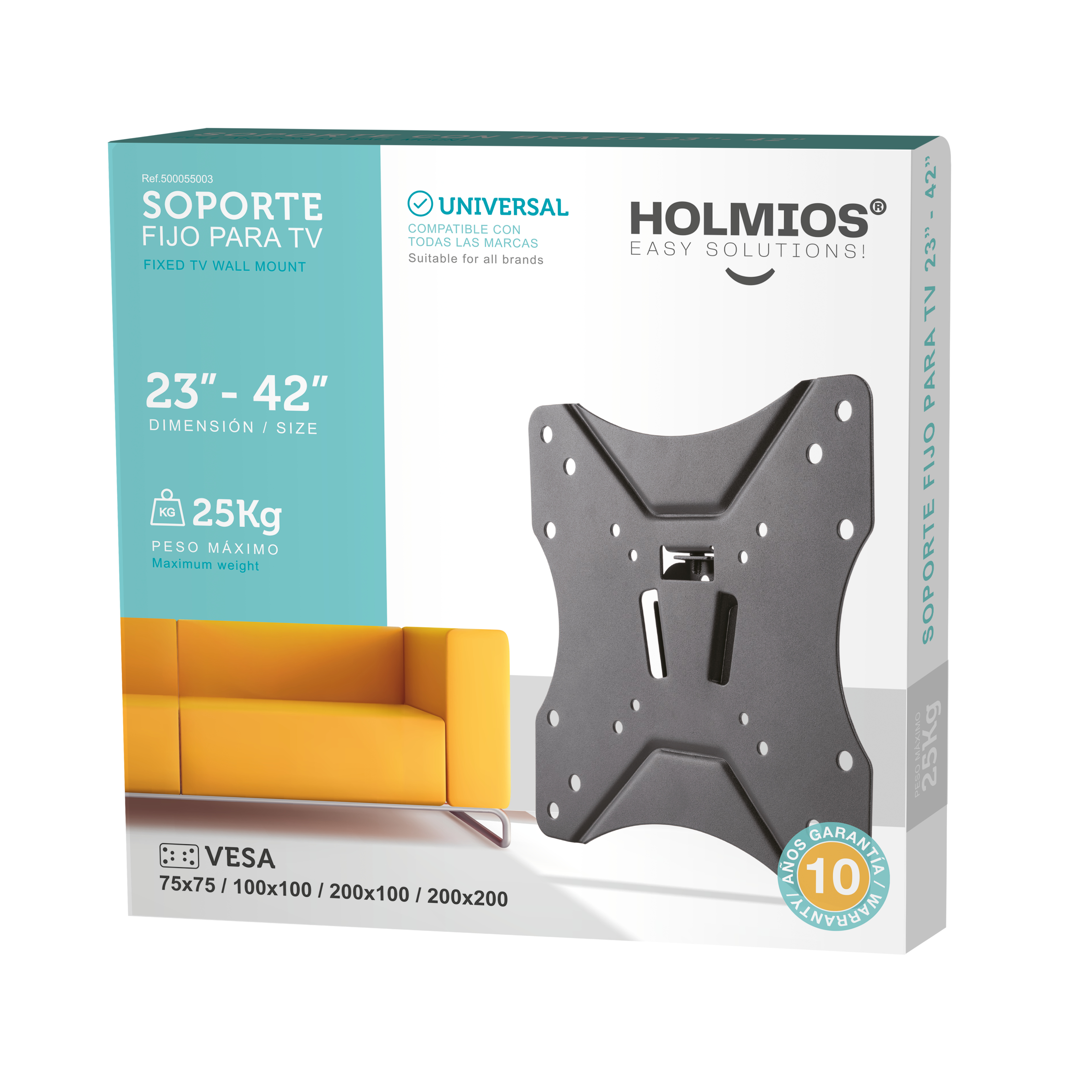 Caja con un soporte de pared para TV. Sofá amarillo visible en el fondo.