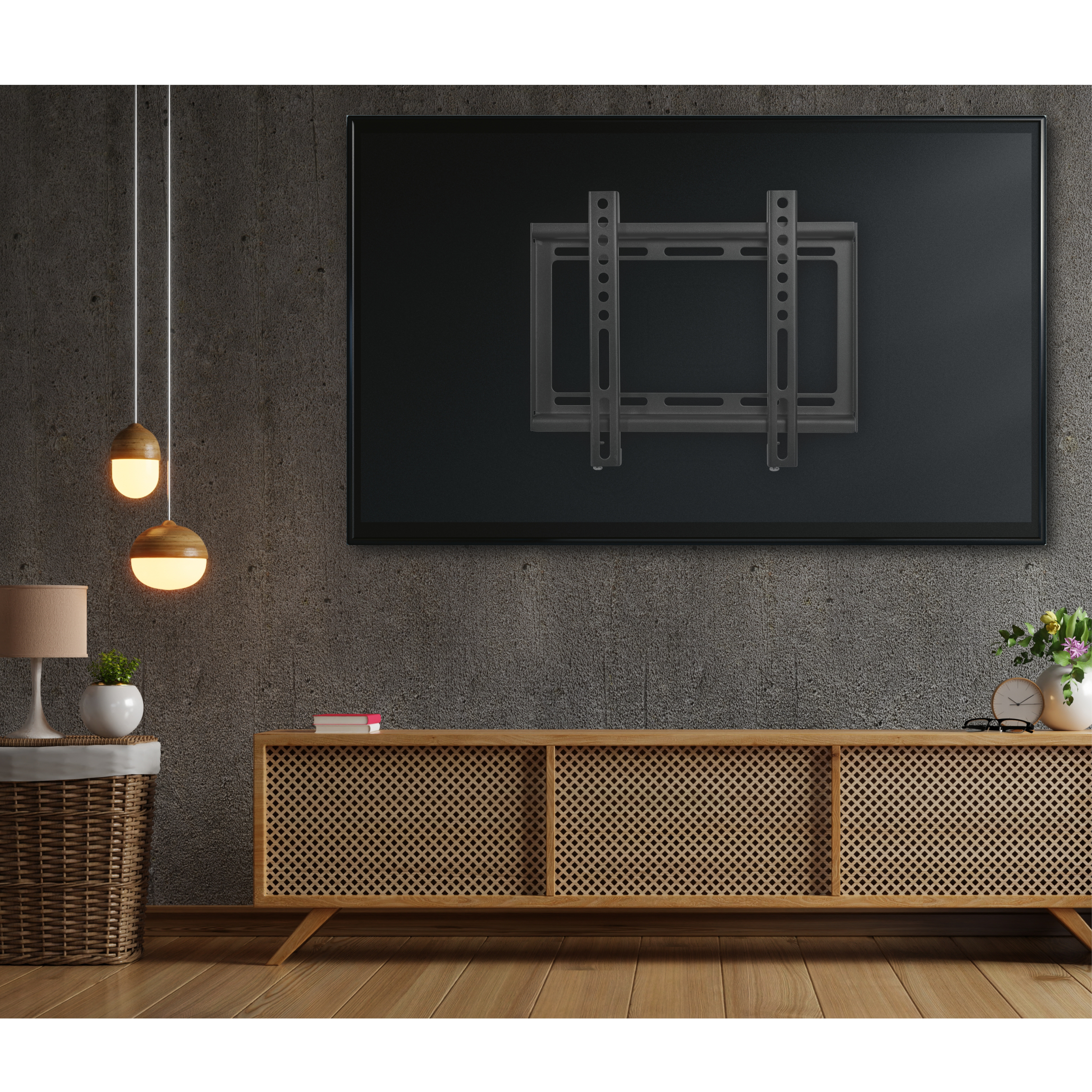 Un televisor de pantalla plana montado en una pared de hormigón gris sobre un mueble de madera. Incluye elementos decorativos.