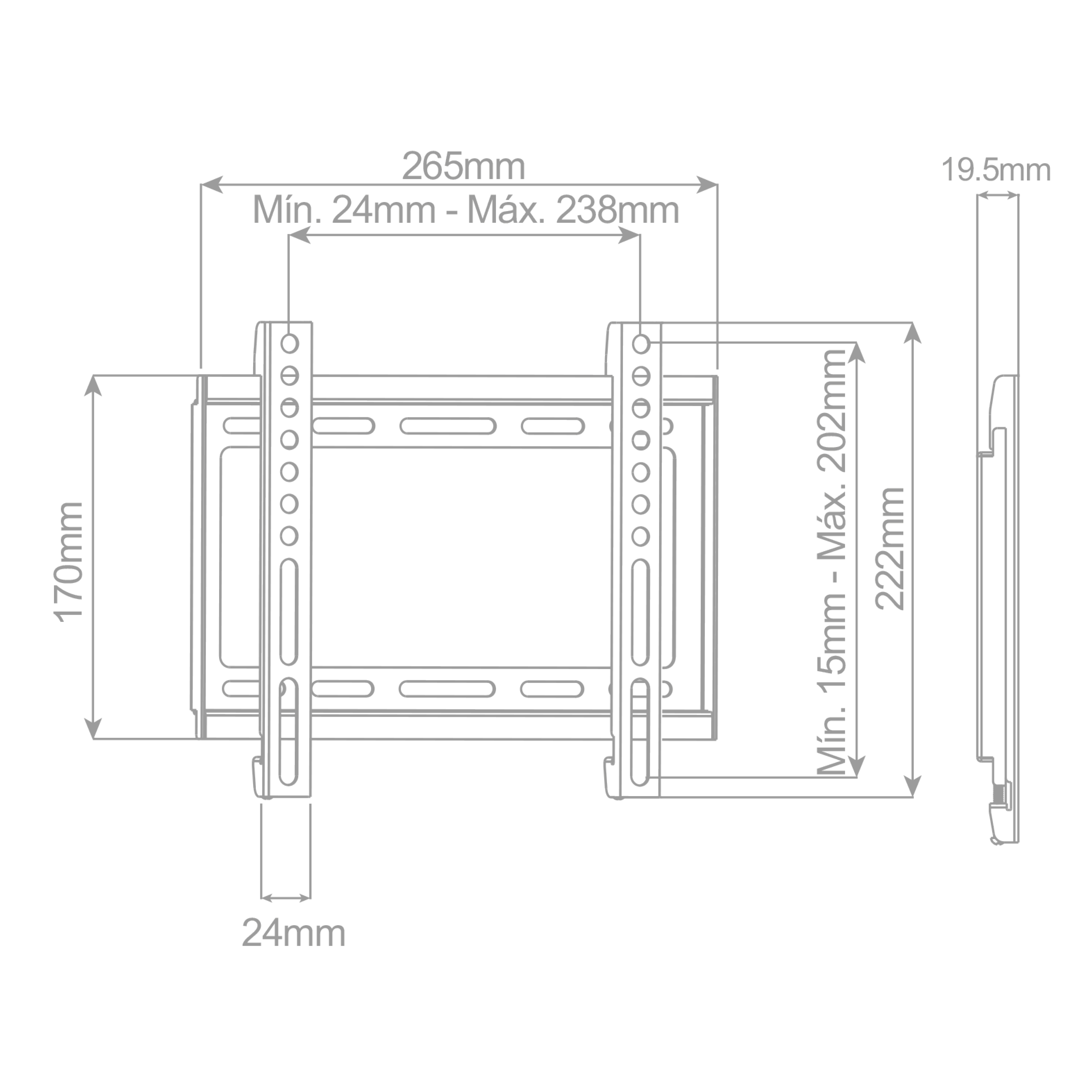 Dibujo técnico de un soporte de TV, que muestra dimensiones y medidas en milímetros.