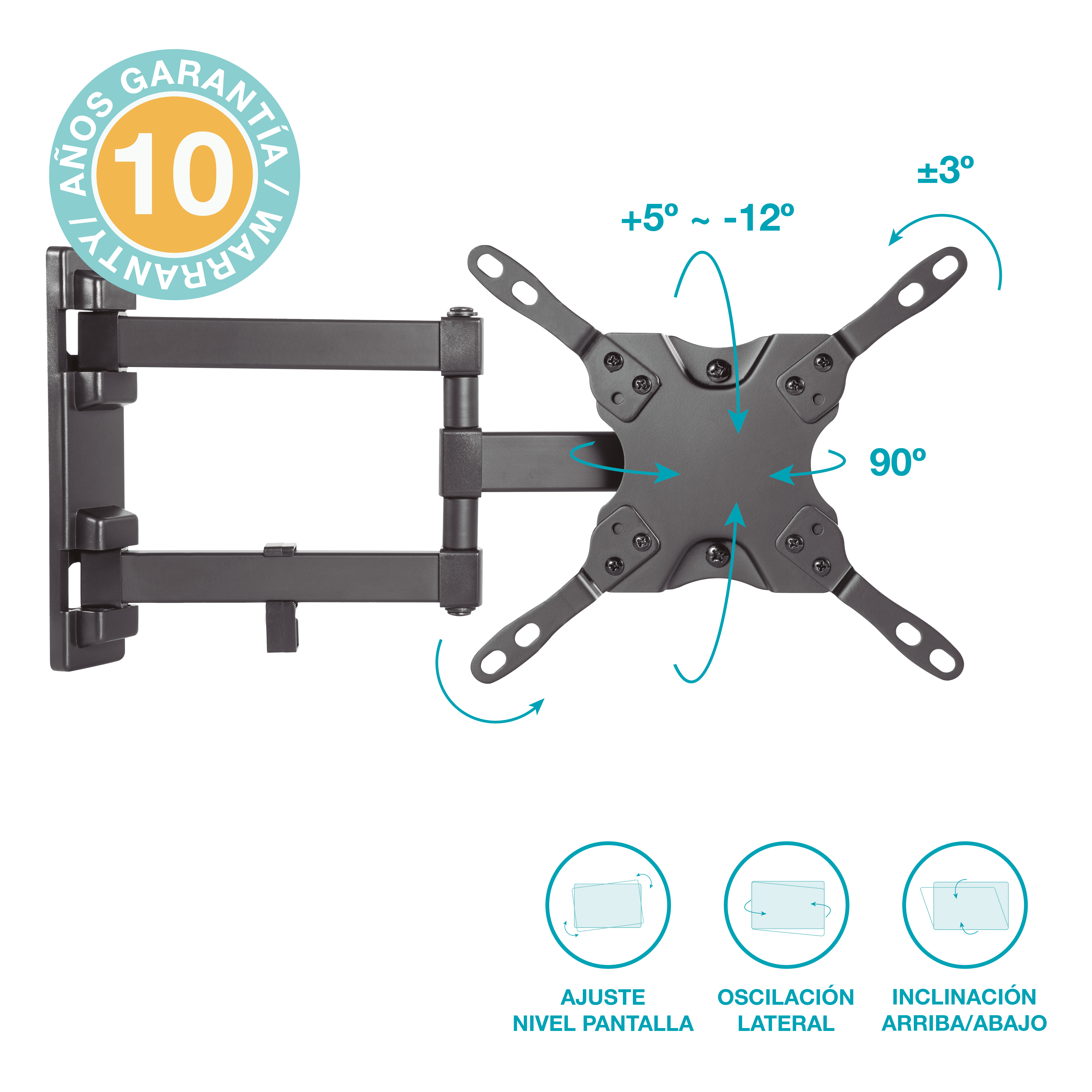 Soporte de pared para TV negro con brazos ajustables, inclinación y giro. Garantía de 10 años.