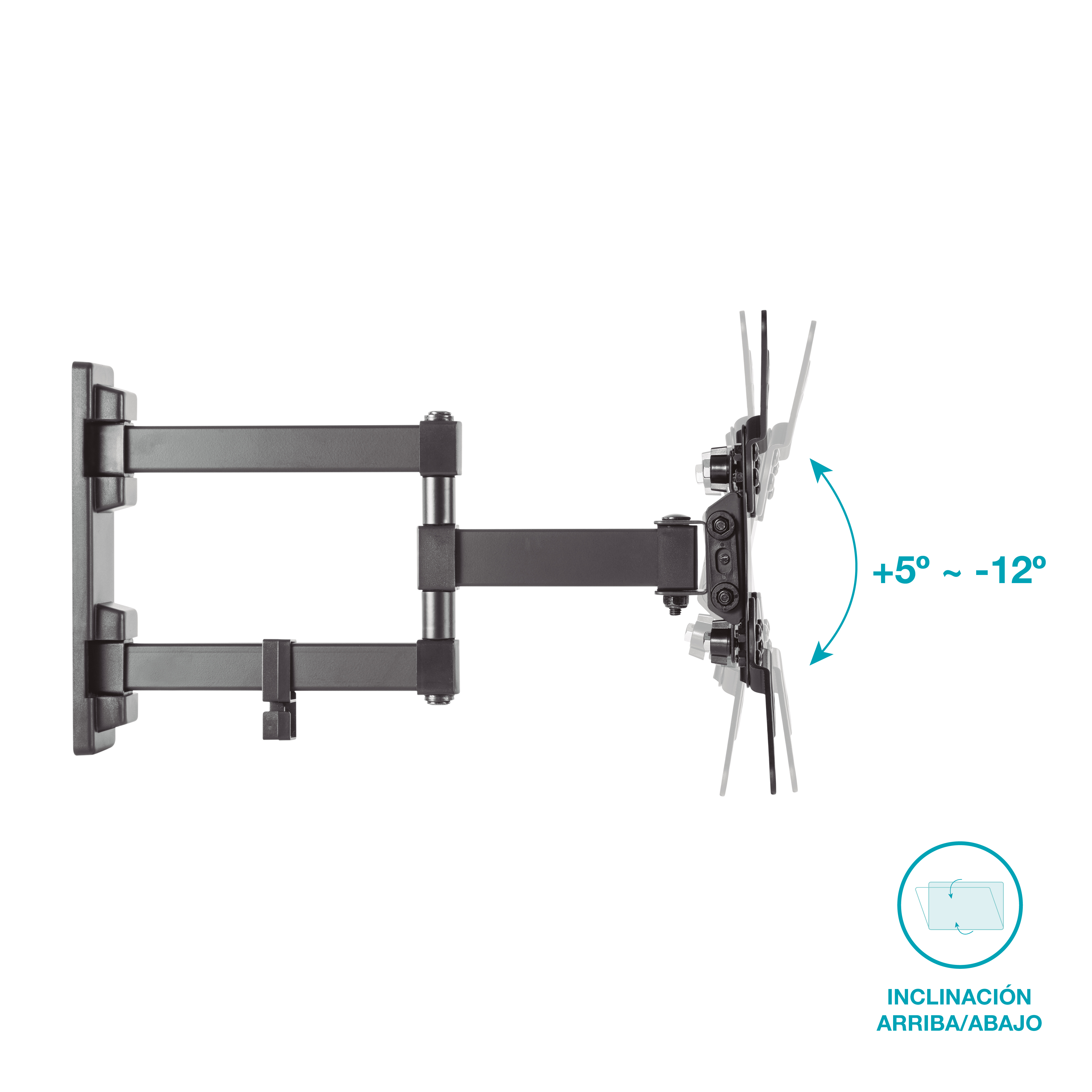 Un brazo de soporte de pared para TV negro, extendido. Muestra un rango de inclinación de +5 a -12 grados. Fondo blanco.