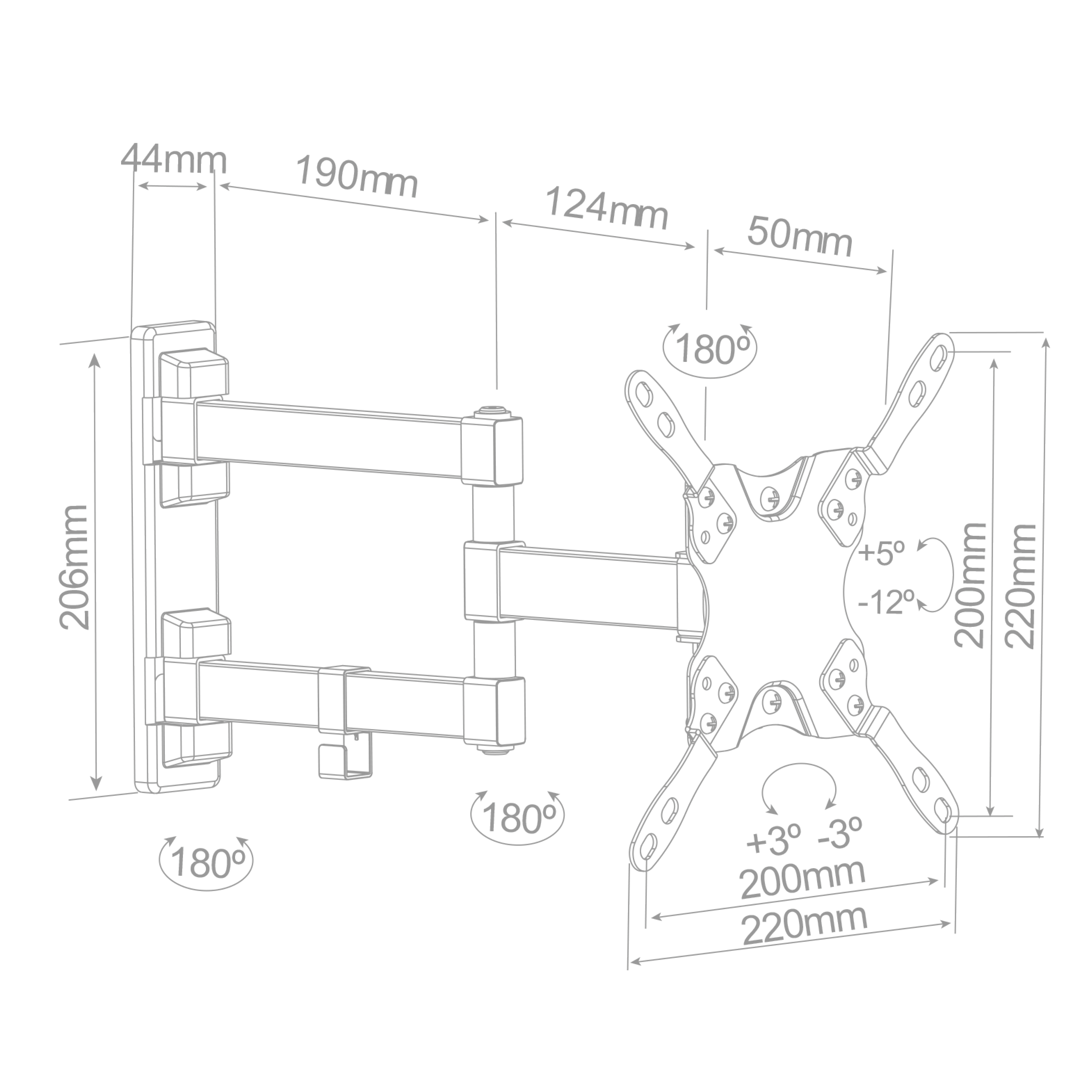 Diagrama de un soporte de pared para TV negro con dimensiones. Incluye brazos, soportes y puntos de giro.