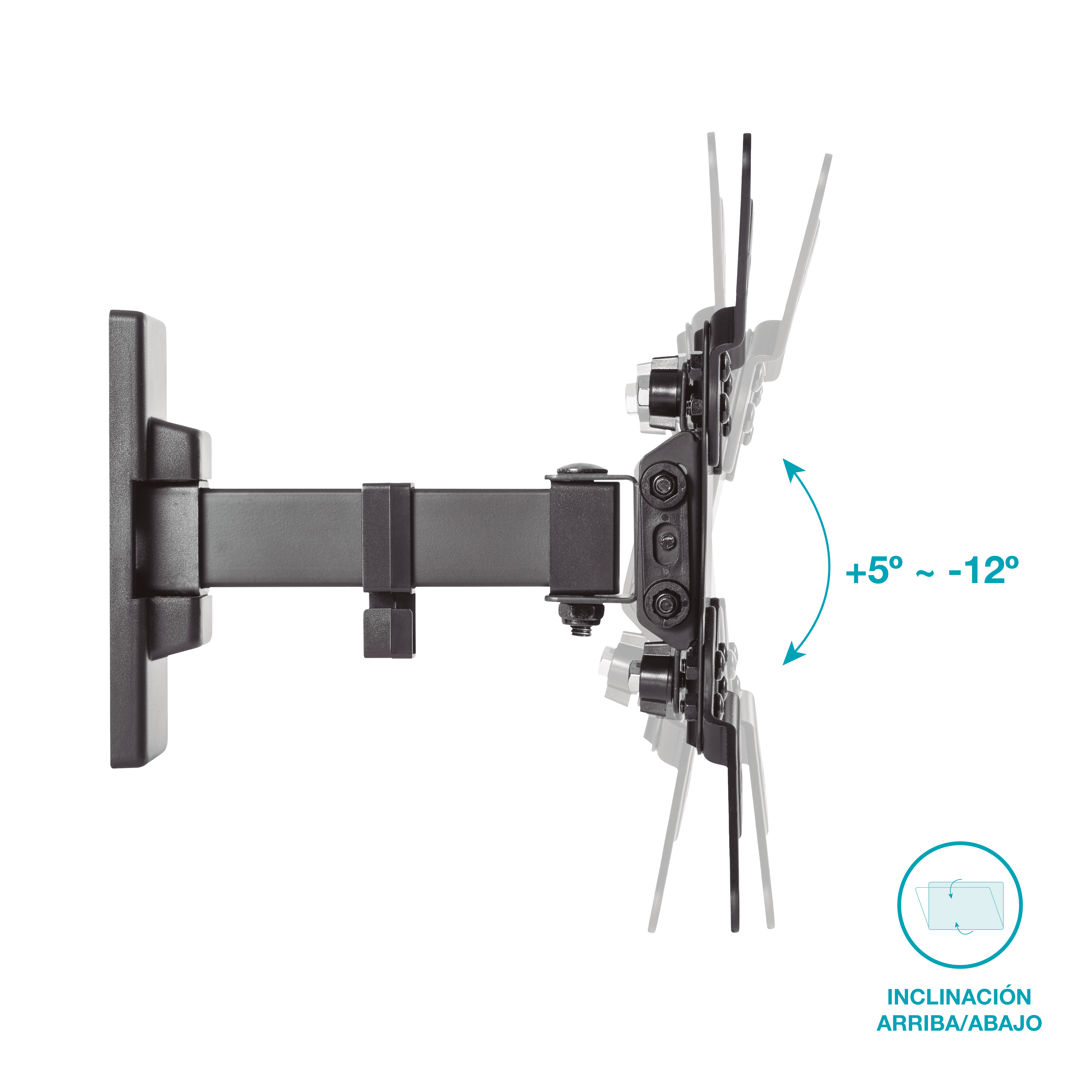 Soporte de pared para TV negro, ajustable de +5 a -12 grados, sobre fondo blanco.