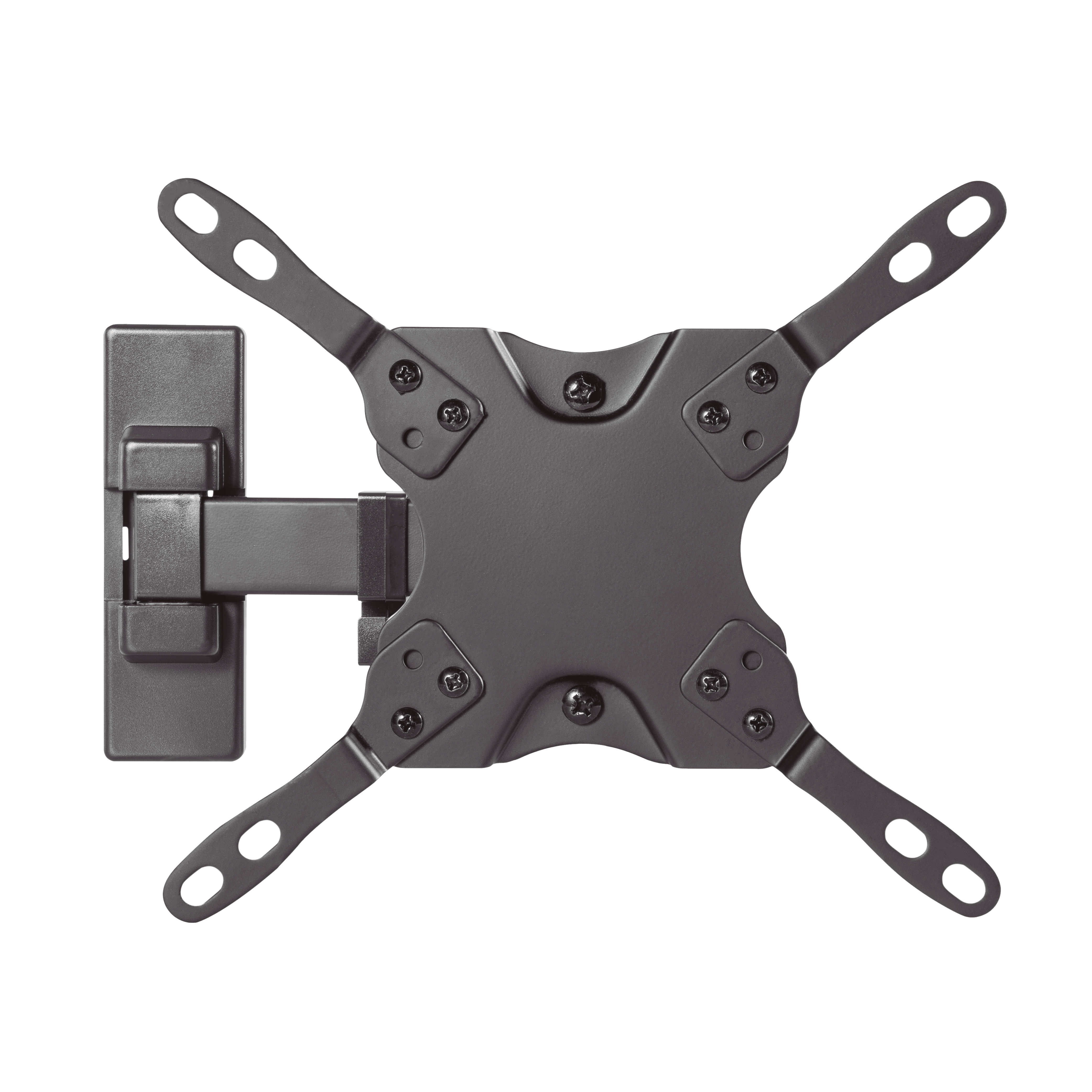 Soporte de pared para TV negro, vista superior. Soporte de montaje y brazo con tornillos.
