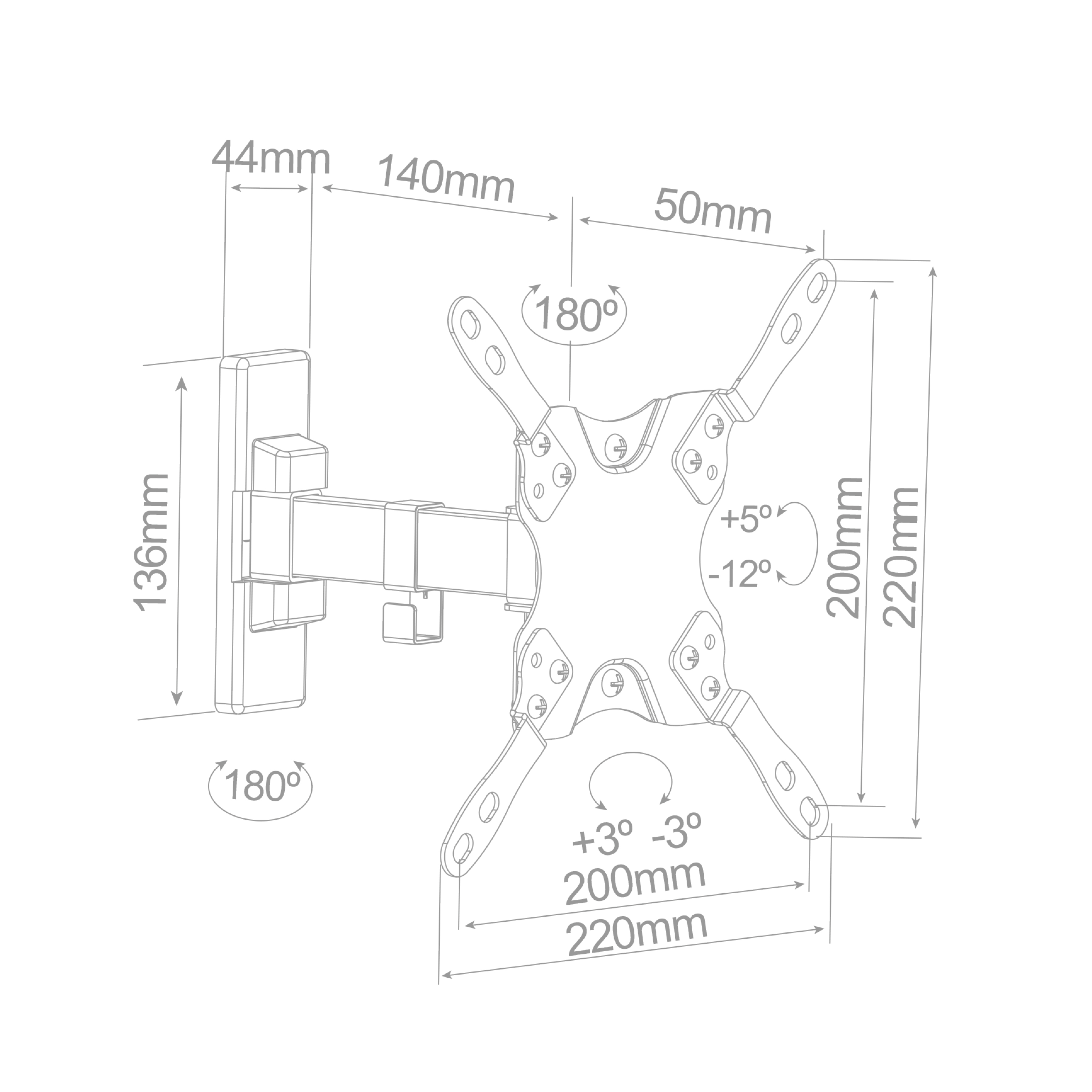 Diagrama de un soporte con medidas y ángulos para la instalación, sobre un fondo blanco.