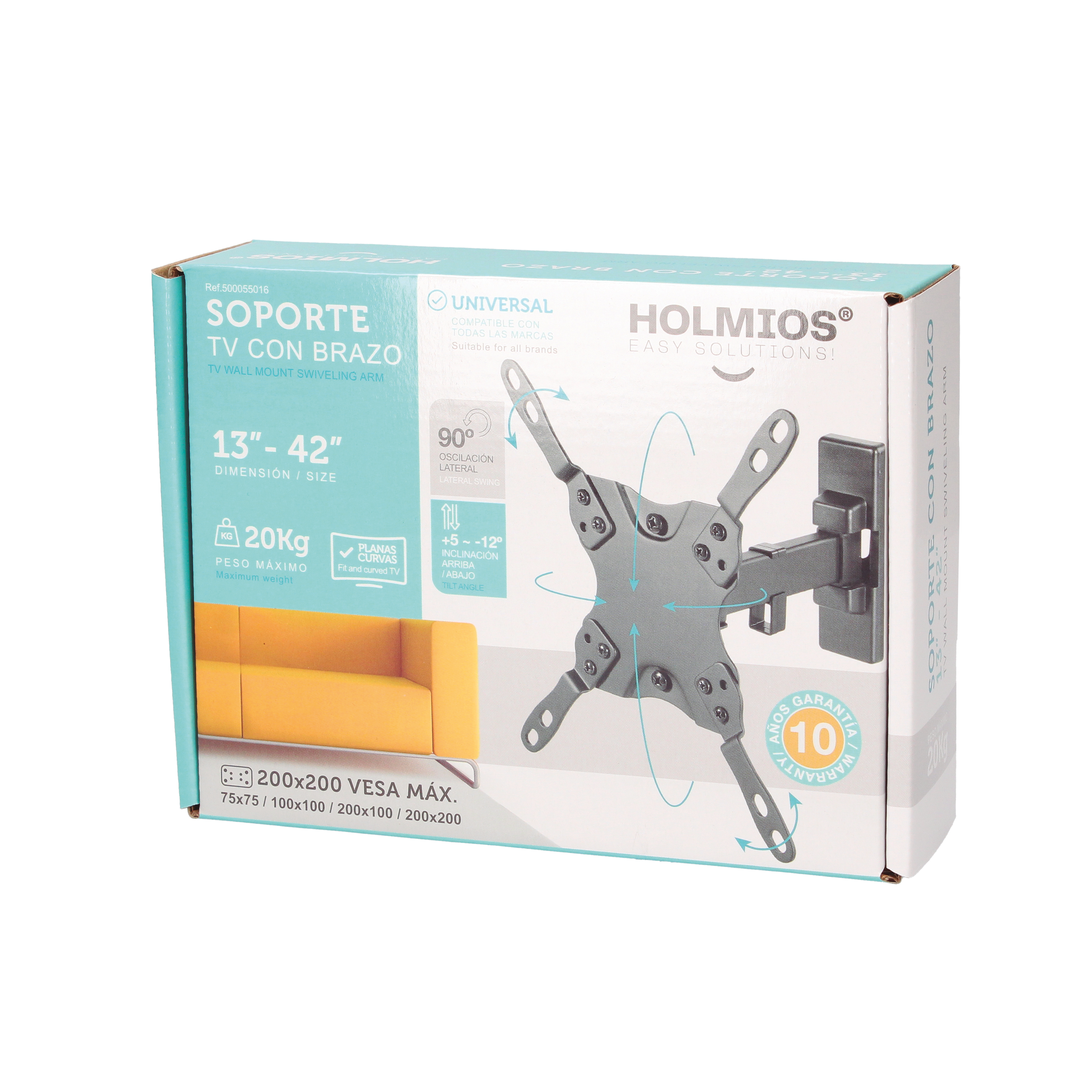 Caja para un soporte de pared para TV con brazo giratorio, y un gráfico de un sofá.