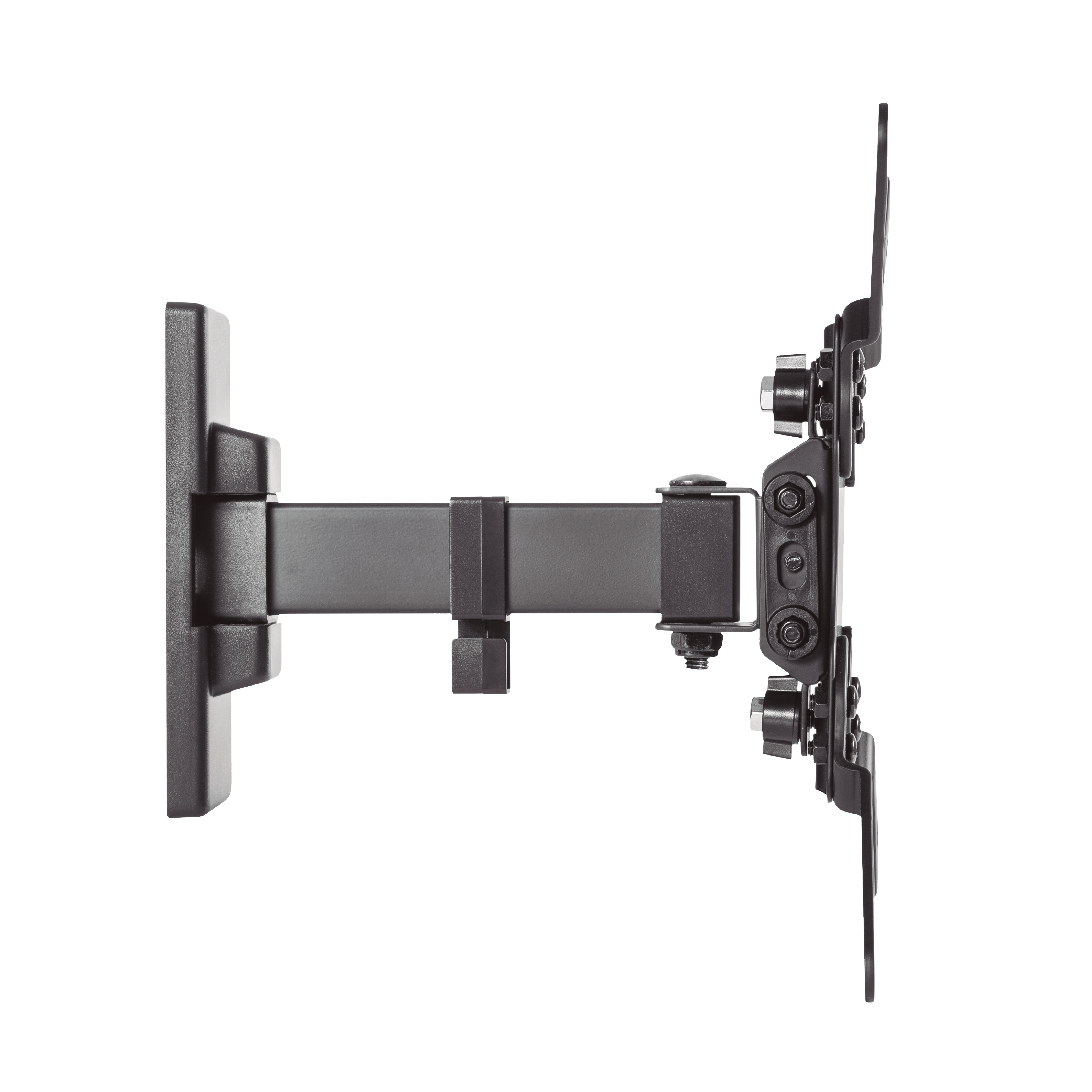 Soporte de pared para TV negro fijado a una pared. Brazo ajustable se extiende.