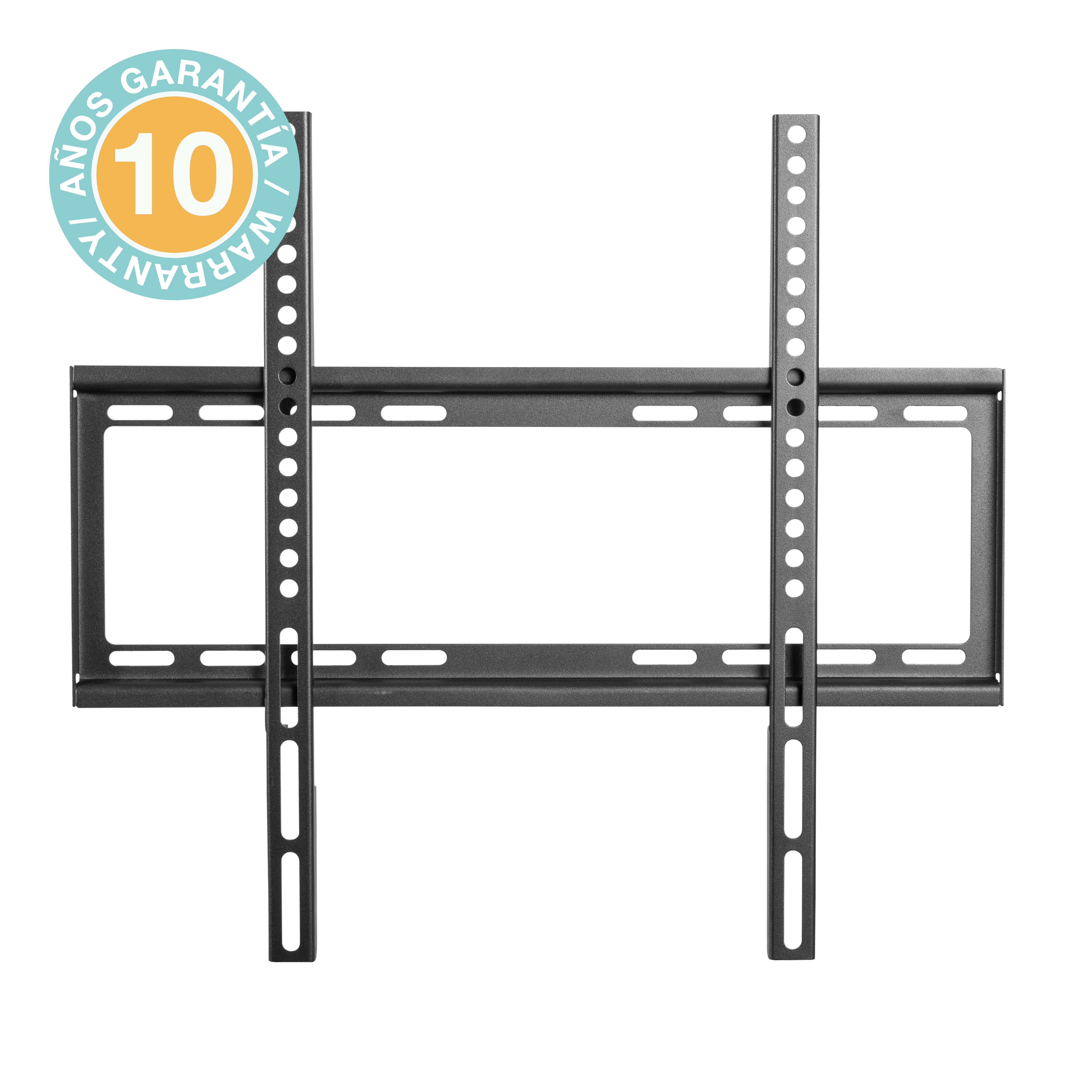 Soporte de TV negro con insignia de garantía de 10 años. Fondo blanco.