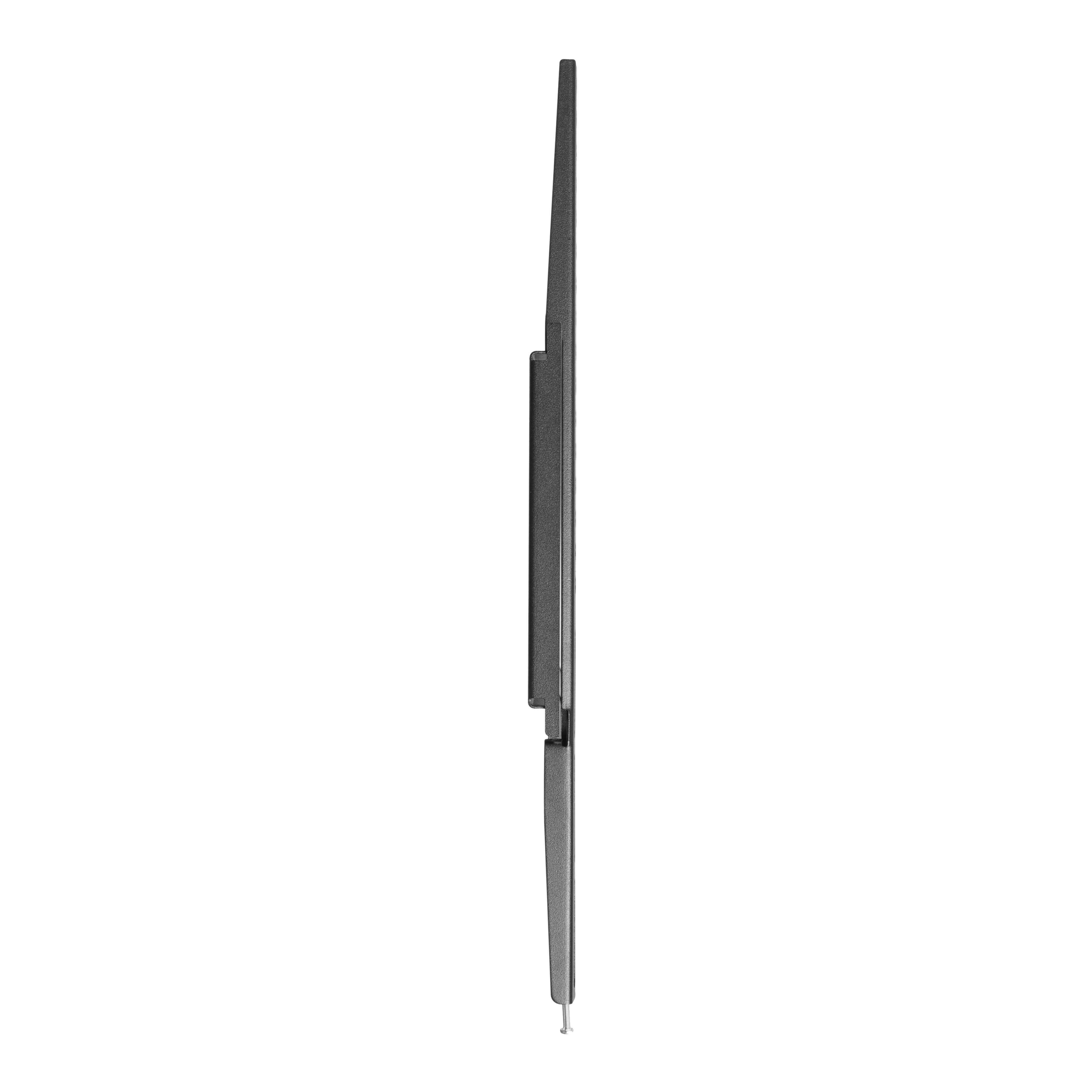 Soporte de pared para TV, vista lateral. Metal negro, plegado, con bisagra.