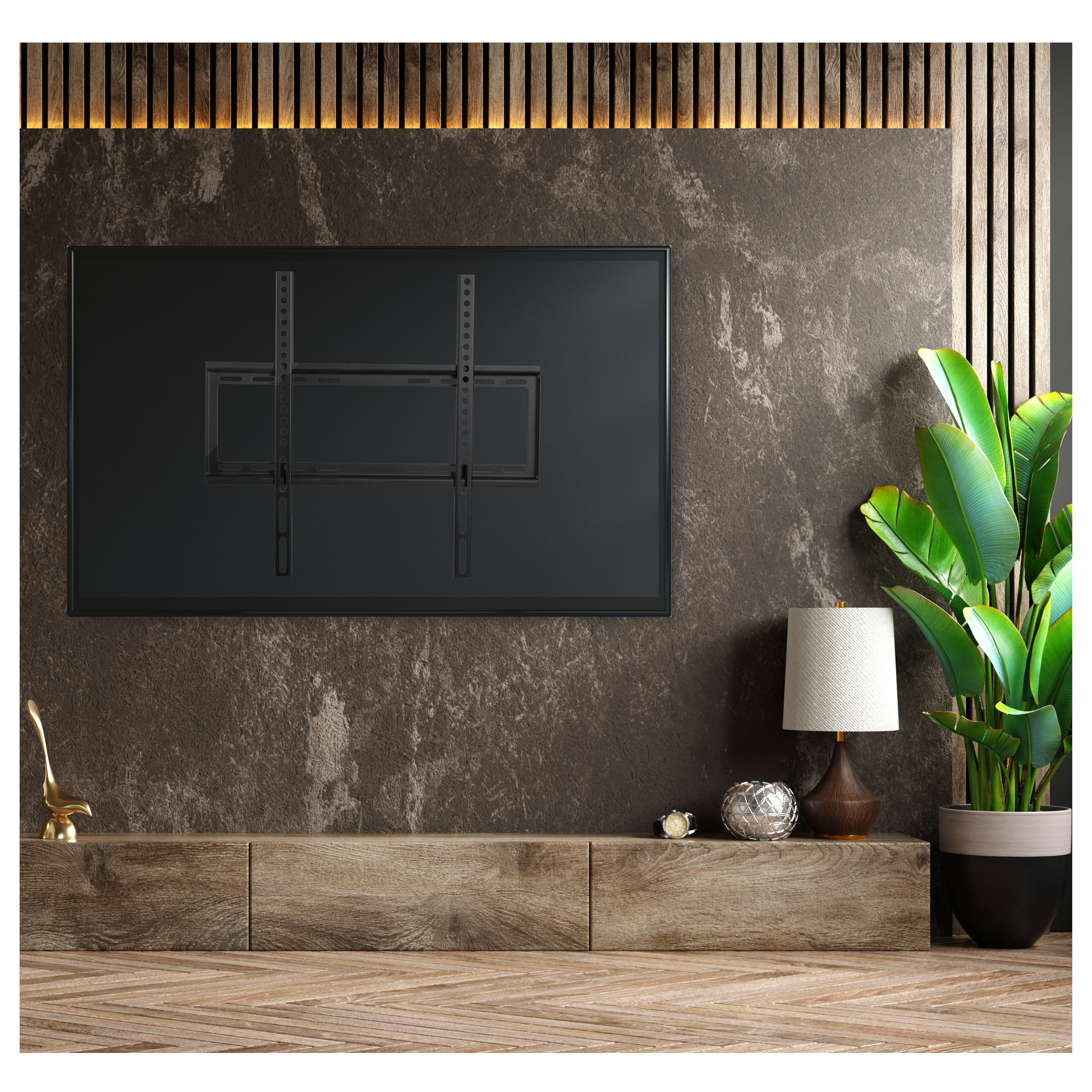 Salón con TV en la pared, planta y muebles de madera.