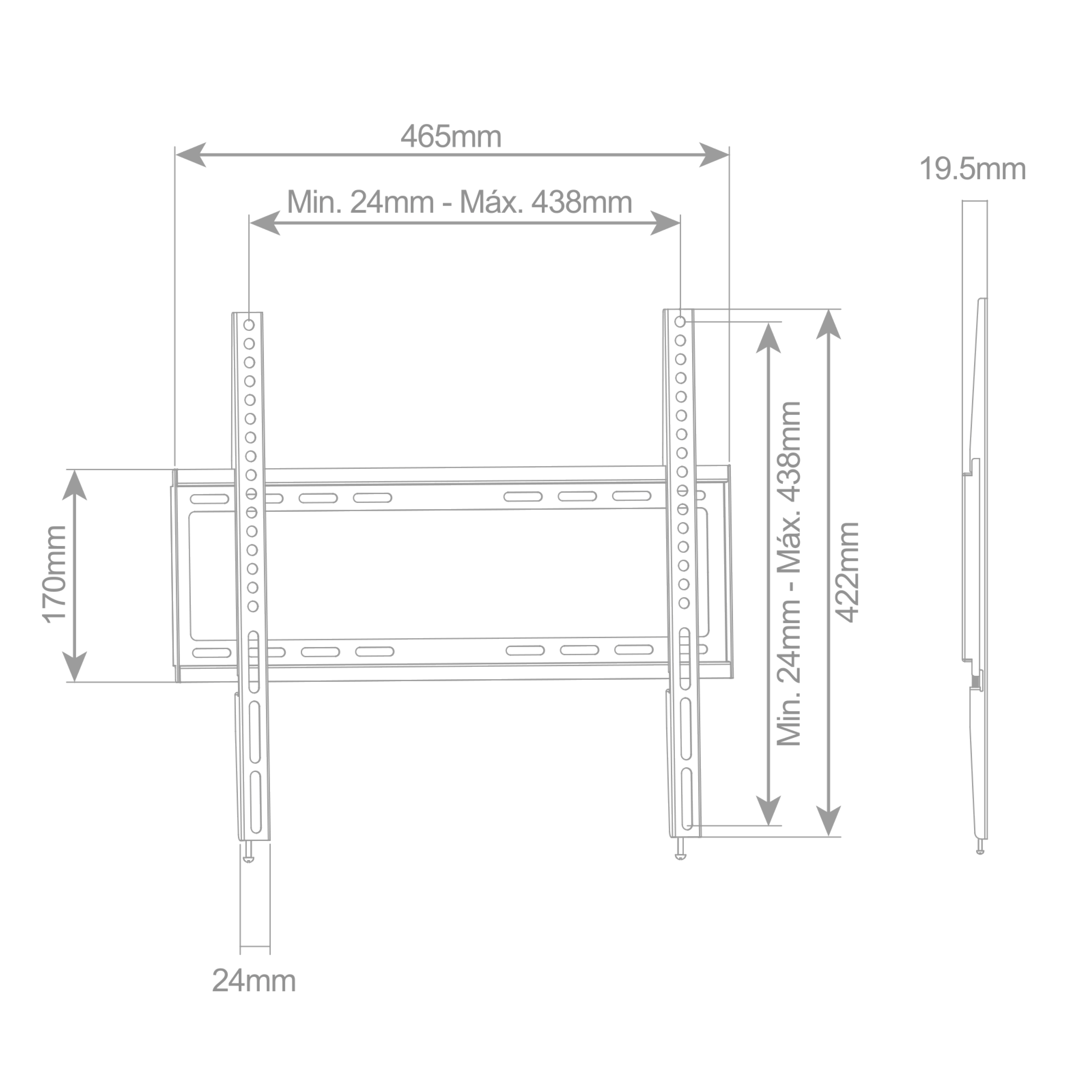 Soporte de pared para TV con medidas y dimensiones. Fondo blanco.