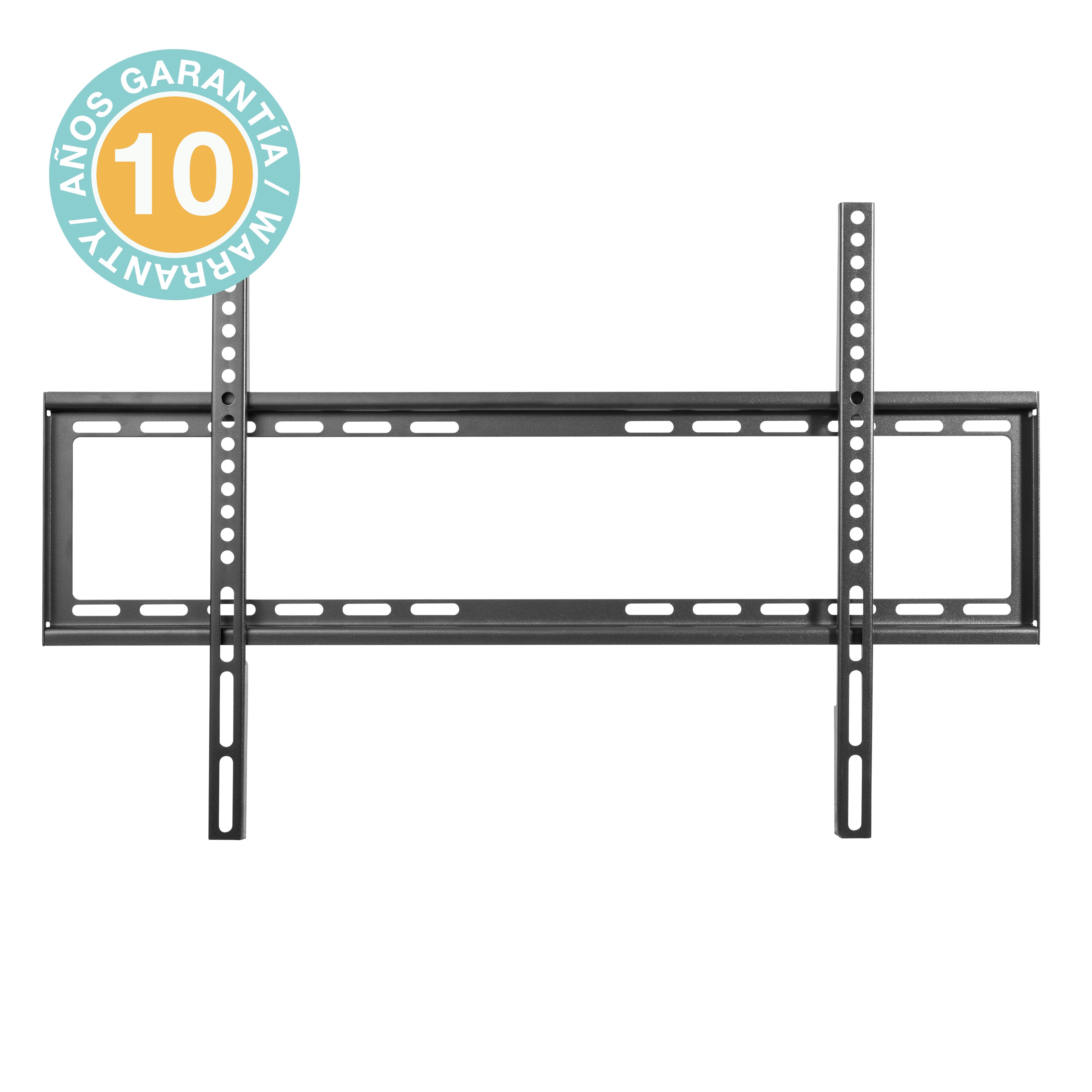 Un soporte de TV negro, con una pegatina de garantía de 10 años. Fondo blanco.