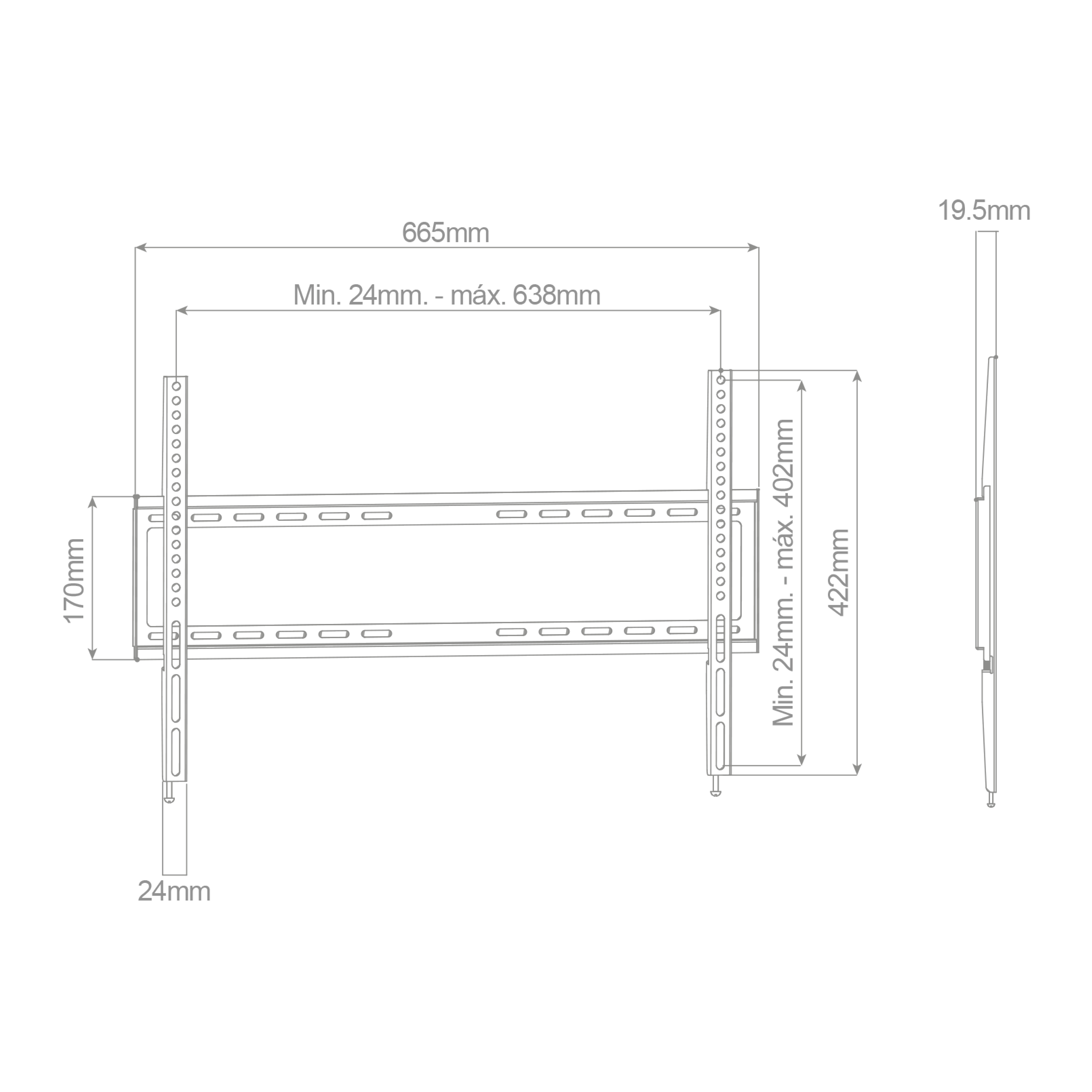 Diagrama de un soporte de TV. Muestra medidas, incluyendo ancho y alto, con puntos de montaje.
