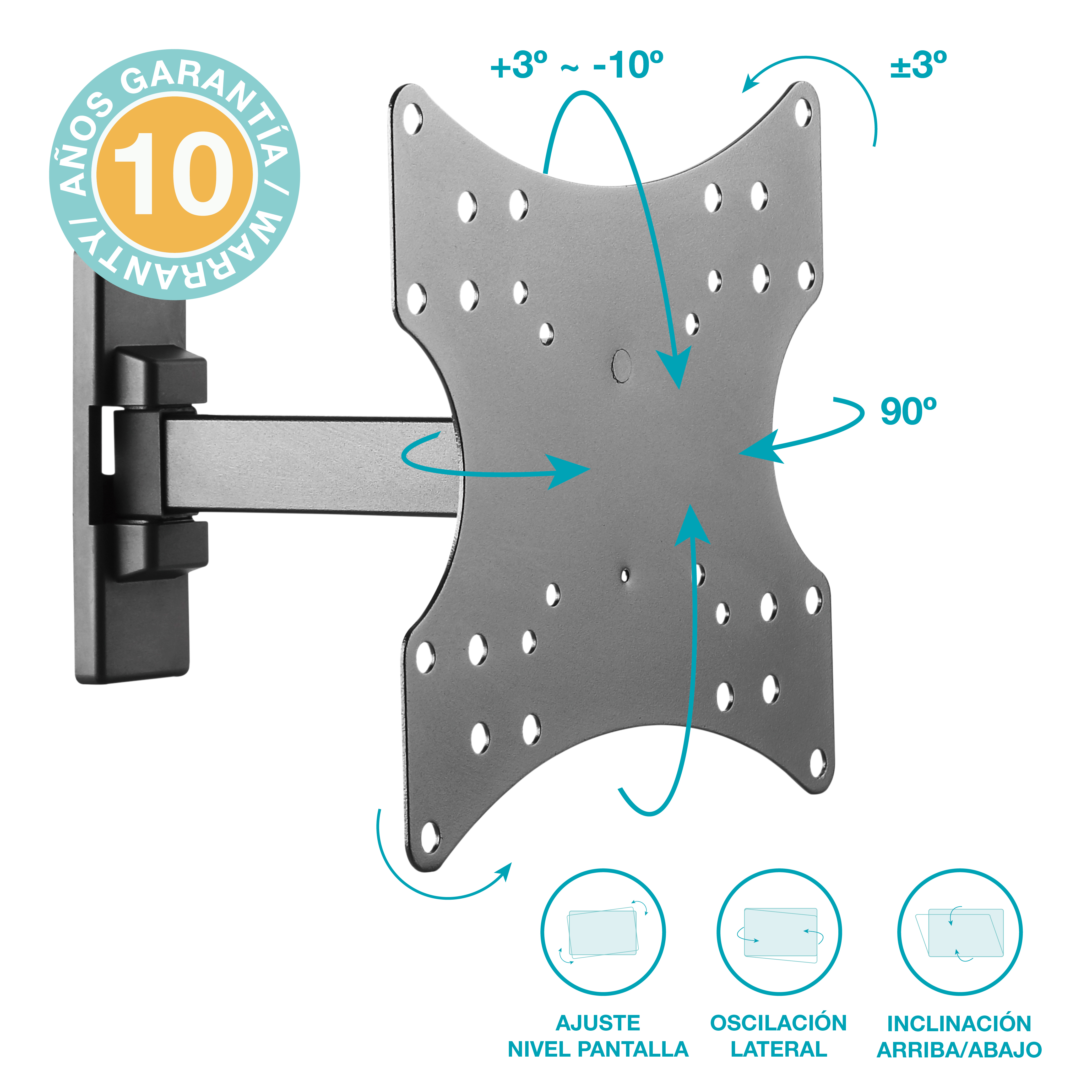 Soporte de pared para TV gris con flechas que muestran los ángulos de ajuste y una etiqueta de garantía de 10 años.