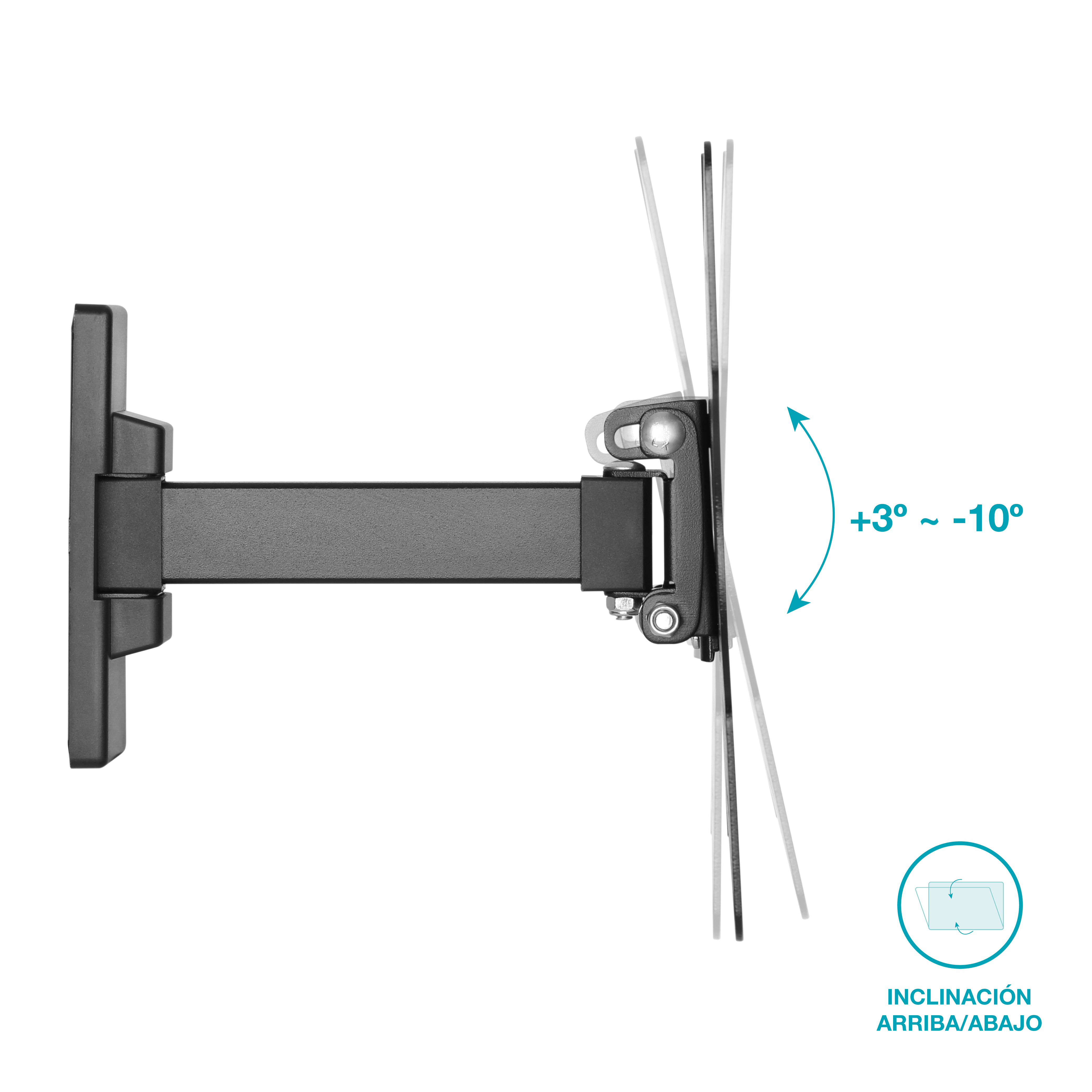Un soporte de pared para TV negro con flechas de ajuste de inclinación y texto que indica inclinación arriba/abajo.