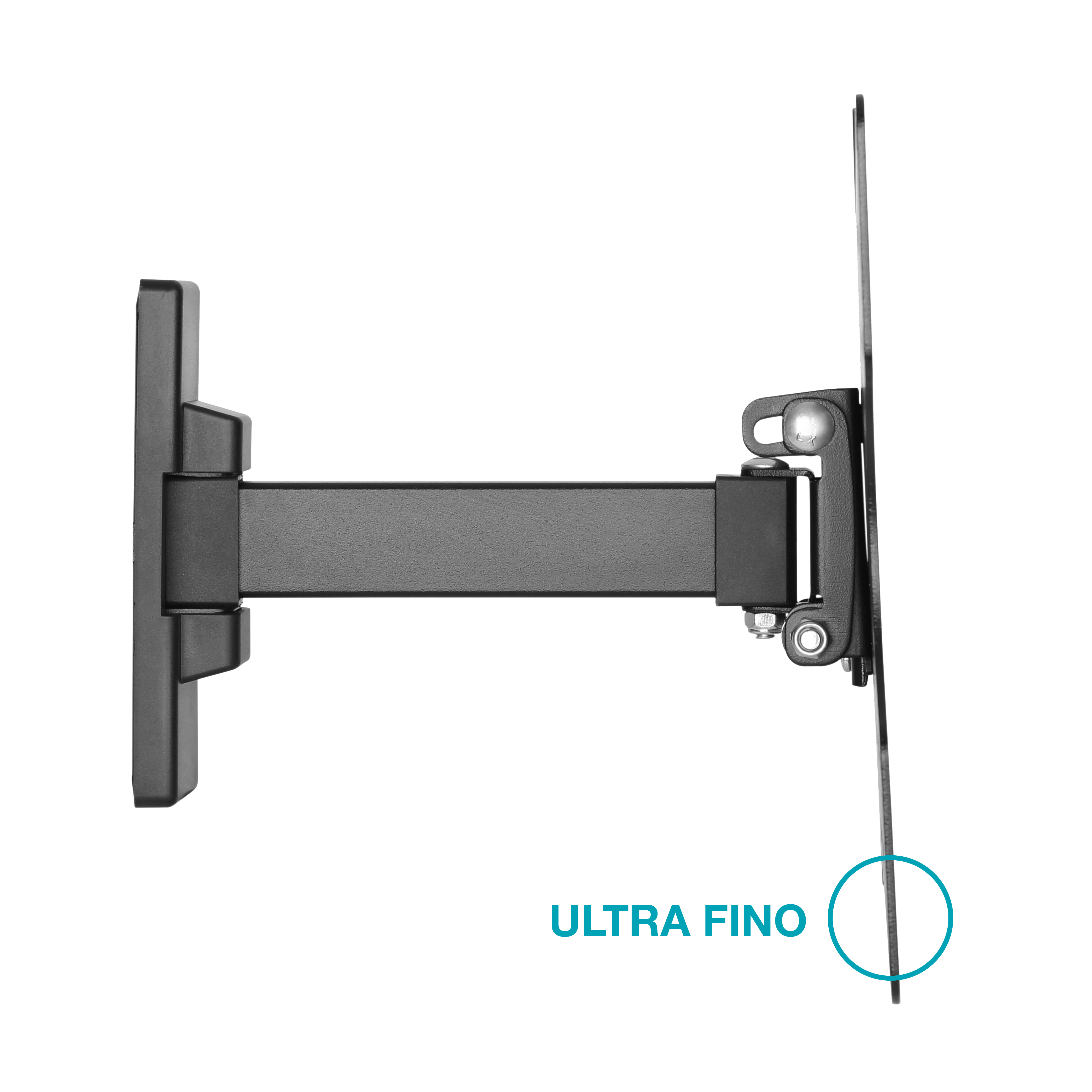 Soporte de TV negro. Tiene un brazo giratorio, unido a una placa negra. El texto 'ULTRA FINO' es visible.