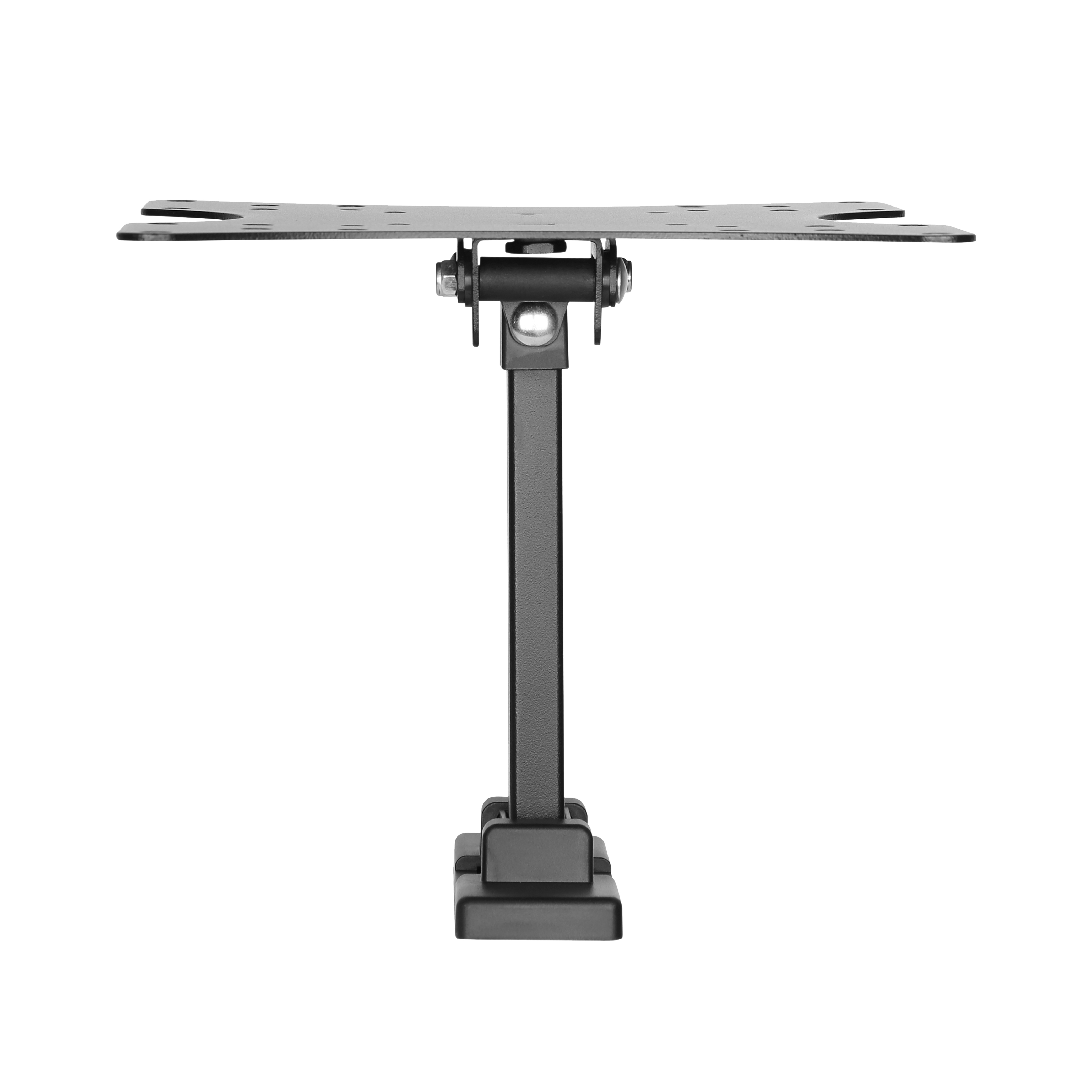 Soporte de TV metálico negro, vista lateral. Un soporte vertical se conecta a una base, con una placa superior.