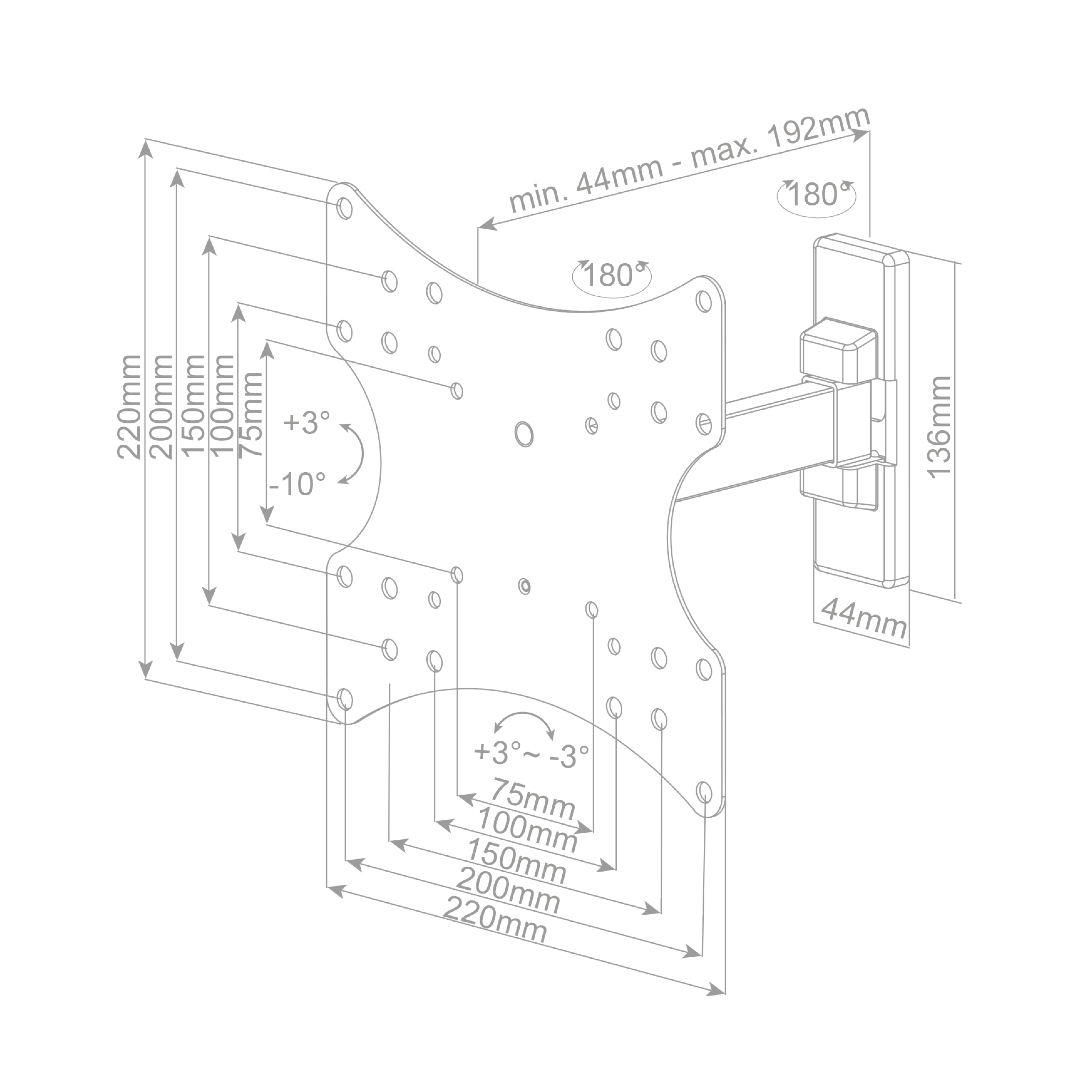 Diagrama esquemático que muestra dimensiones y ángulos de un soporte de pared para TV, fondo blanco.