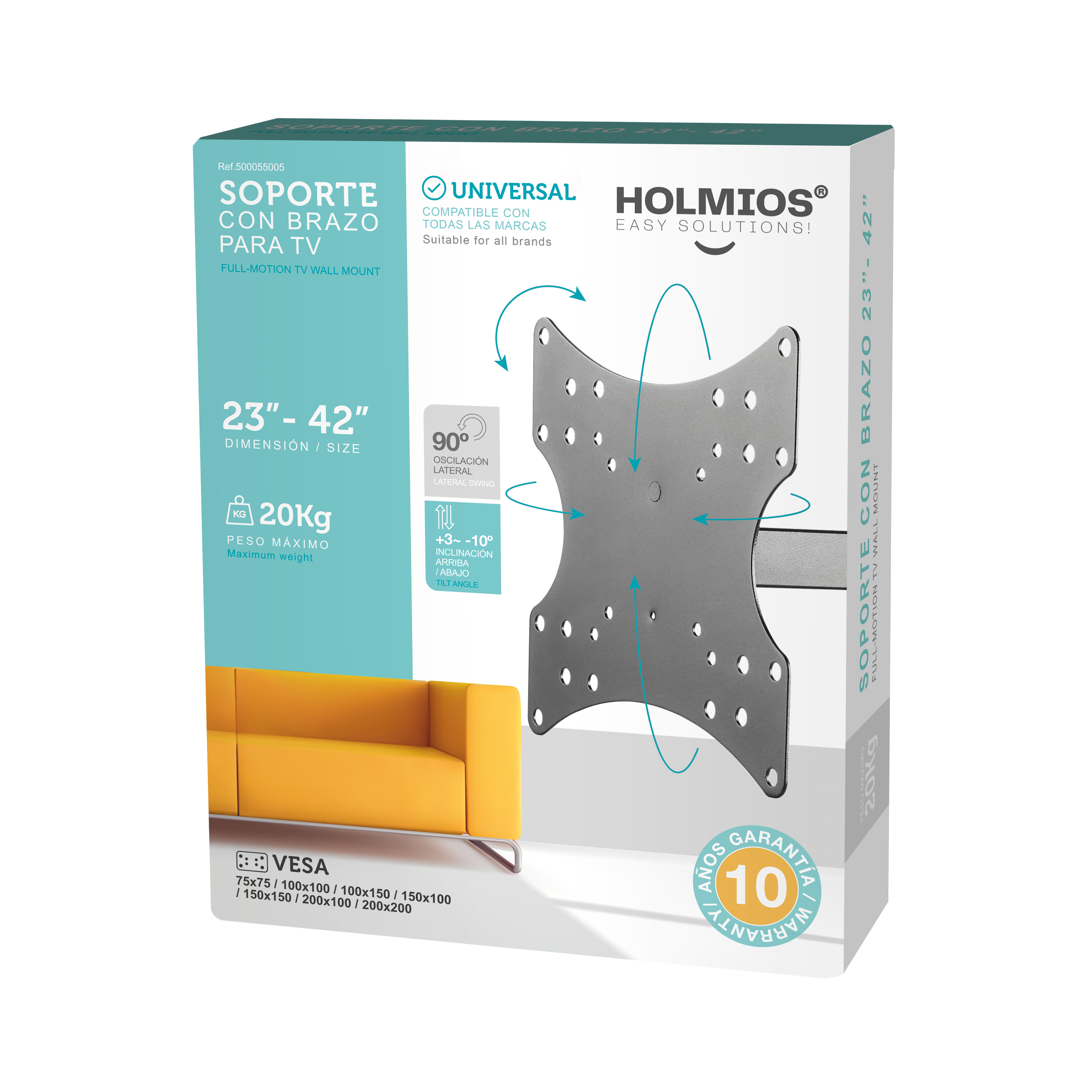 Caja para soporte de pared de TV con soporte plateado. Sofá amarillo en el fondo.