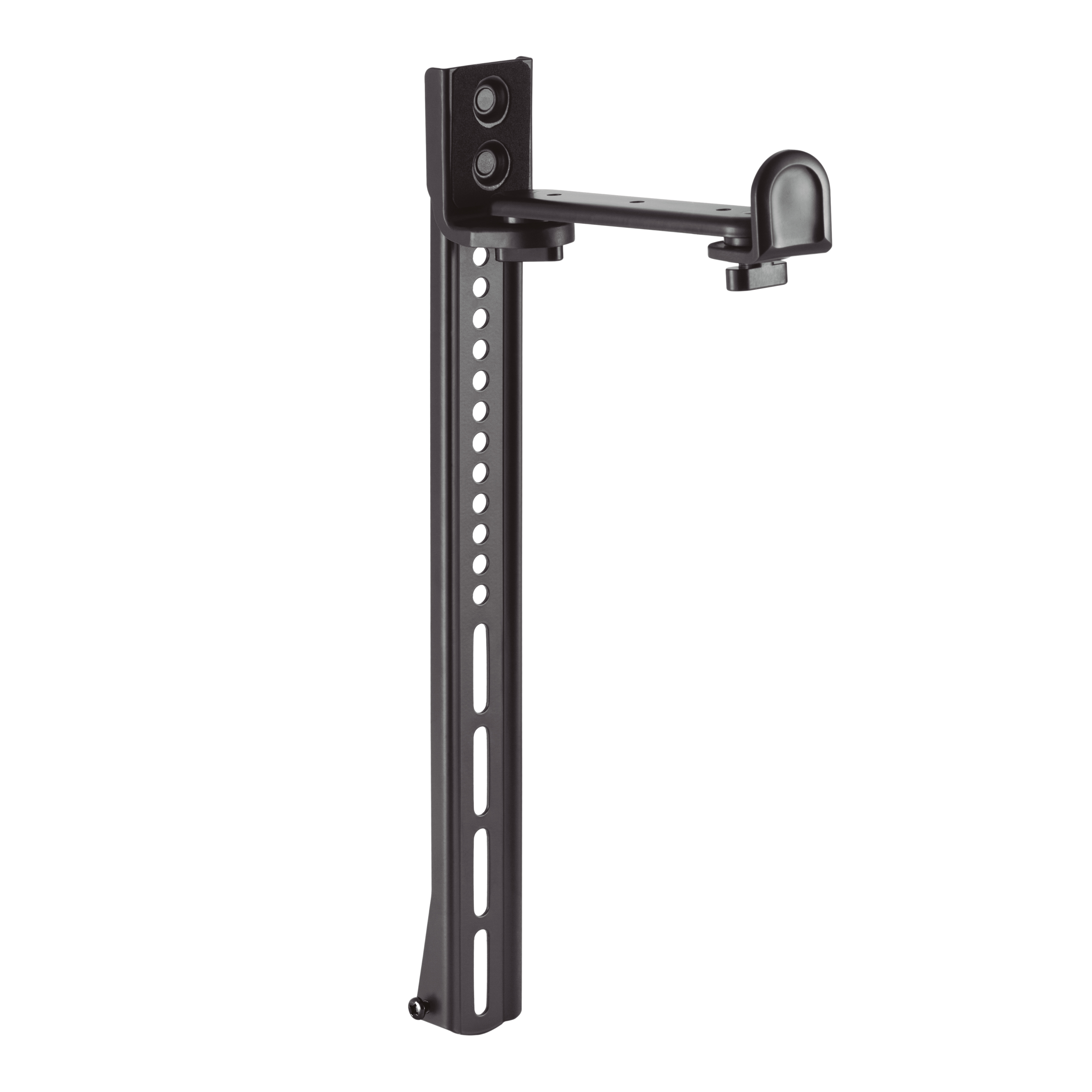 Soporte de TV negro con brazo curvado. Está sobre un fondo blanco.