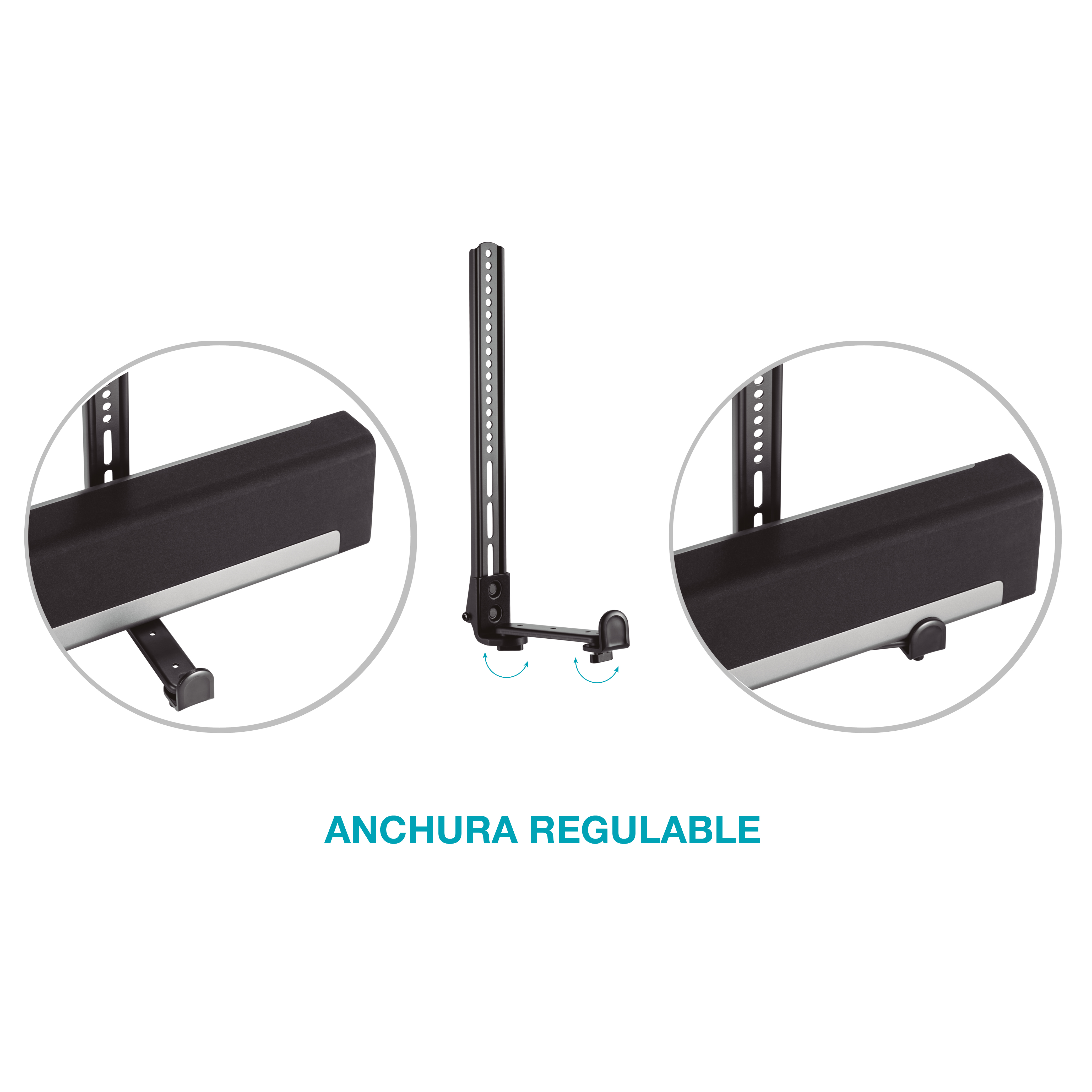 Soporte de TV ajustable, primer plano del soporte con texto debajo.