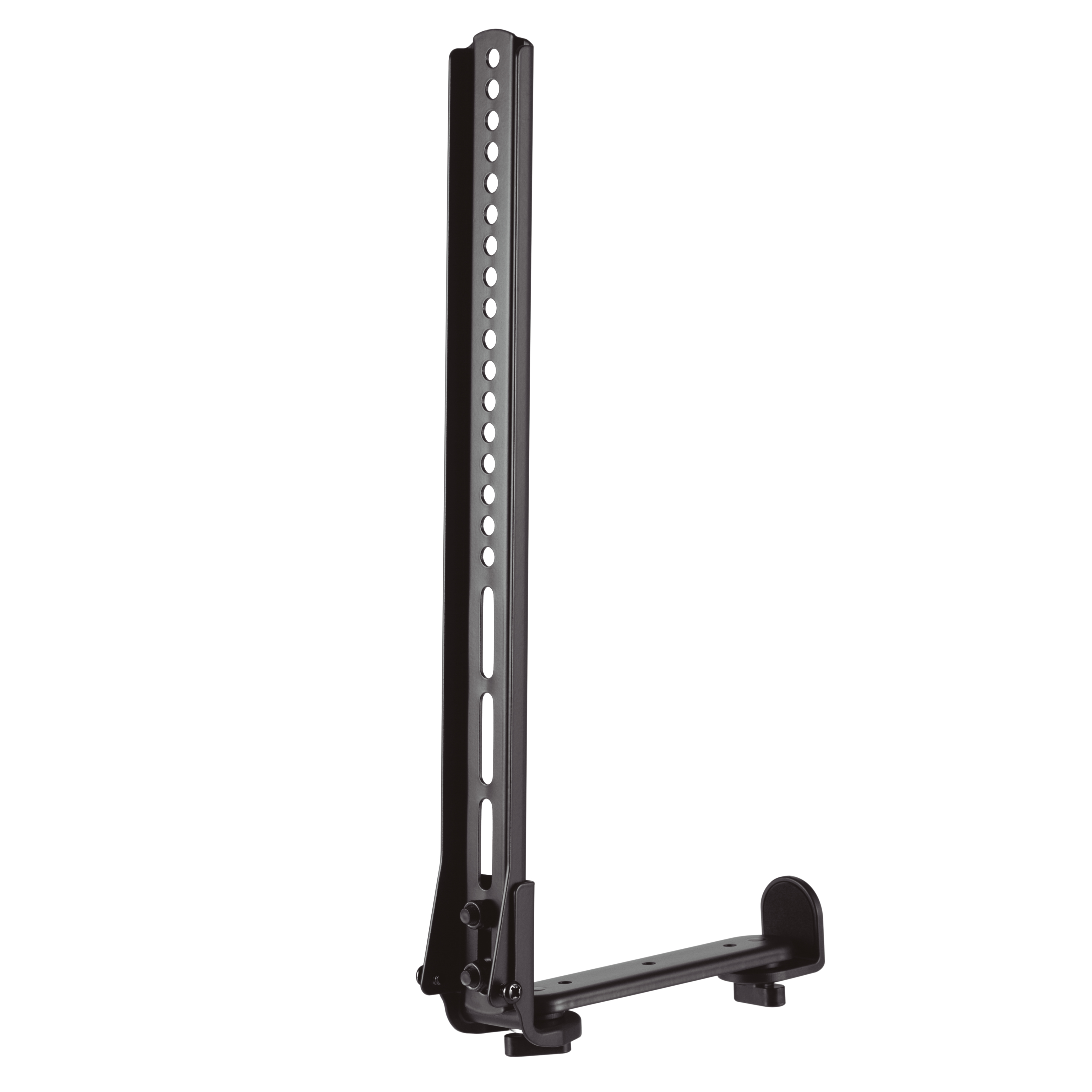 Soporte de TV metálico negro, en forma de L, con múltiples agujeros, sobre fondo blanco.