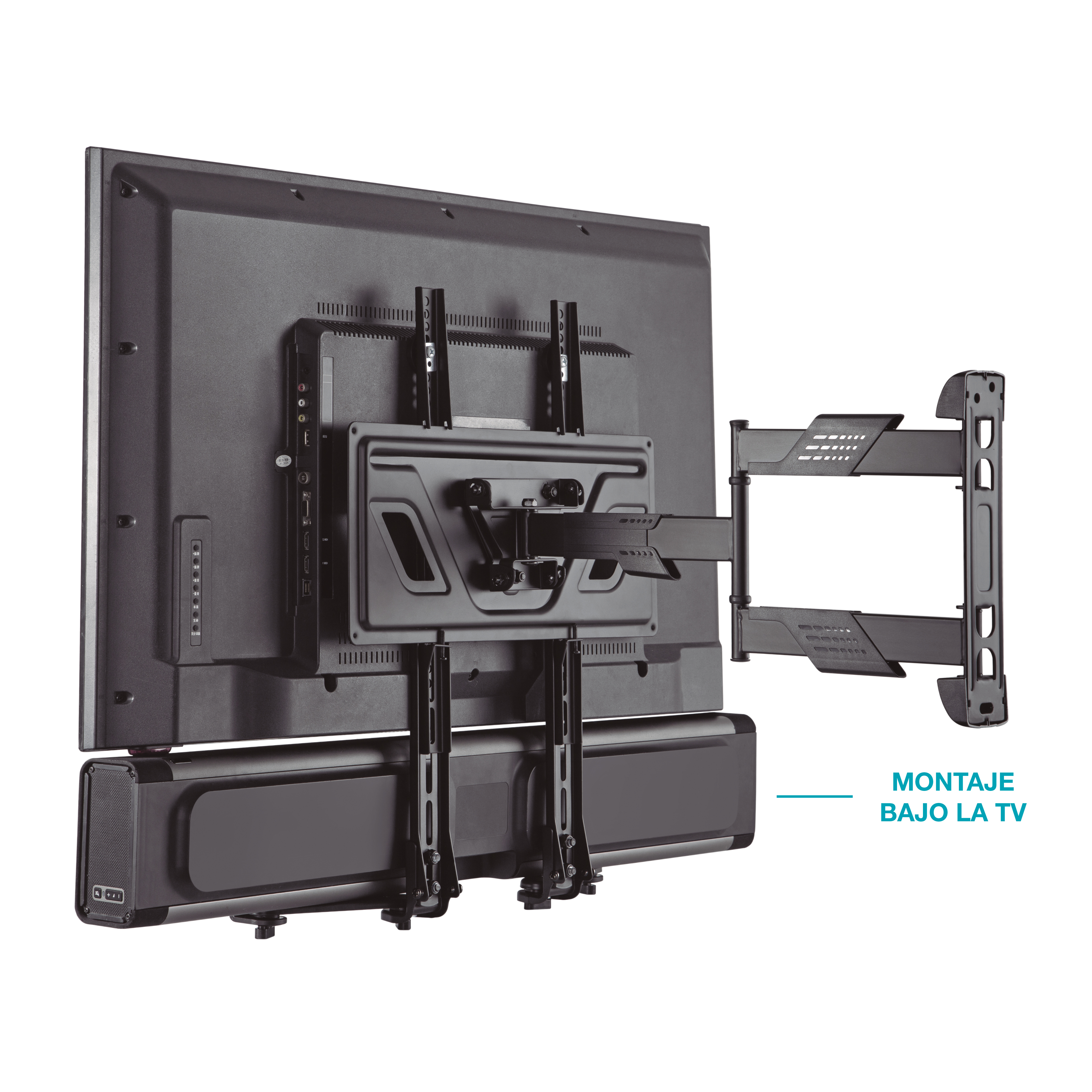 TV montado en una pared con una barra de sonido debajo, mostrando el soporte de montaje y sus componentes.