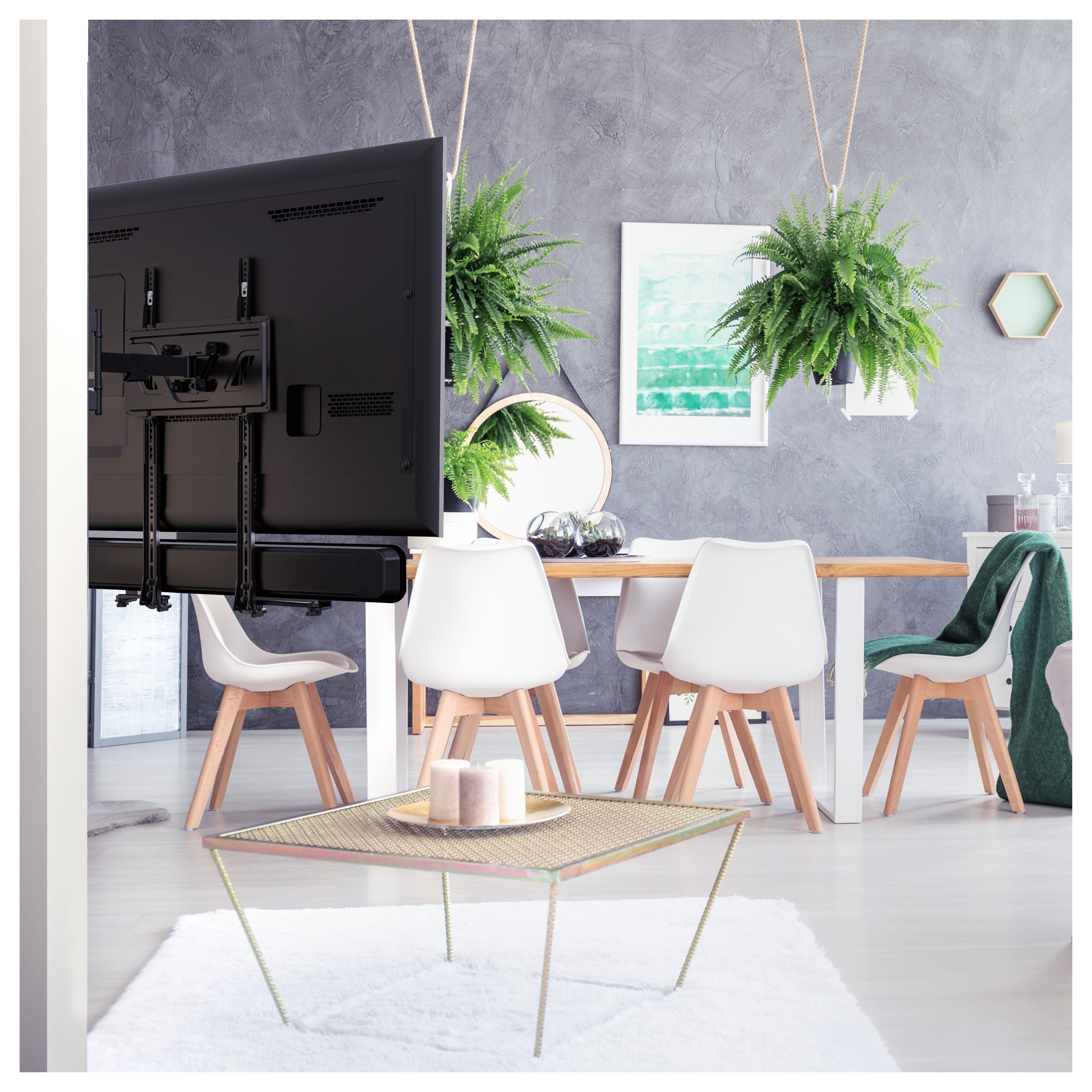 Salón con TV, plantas colgantes, sillas blancas y mesa de centro. El TV está montado y la habitación es moderna.