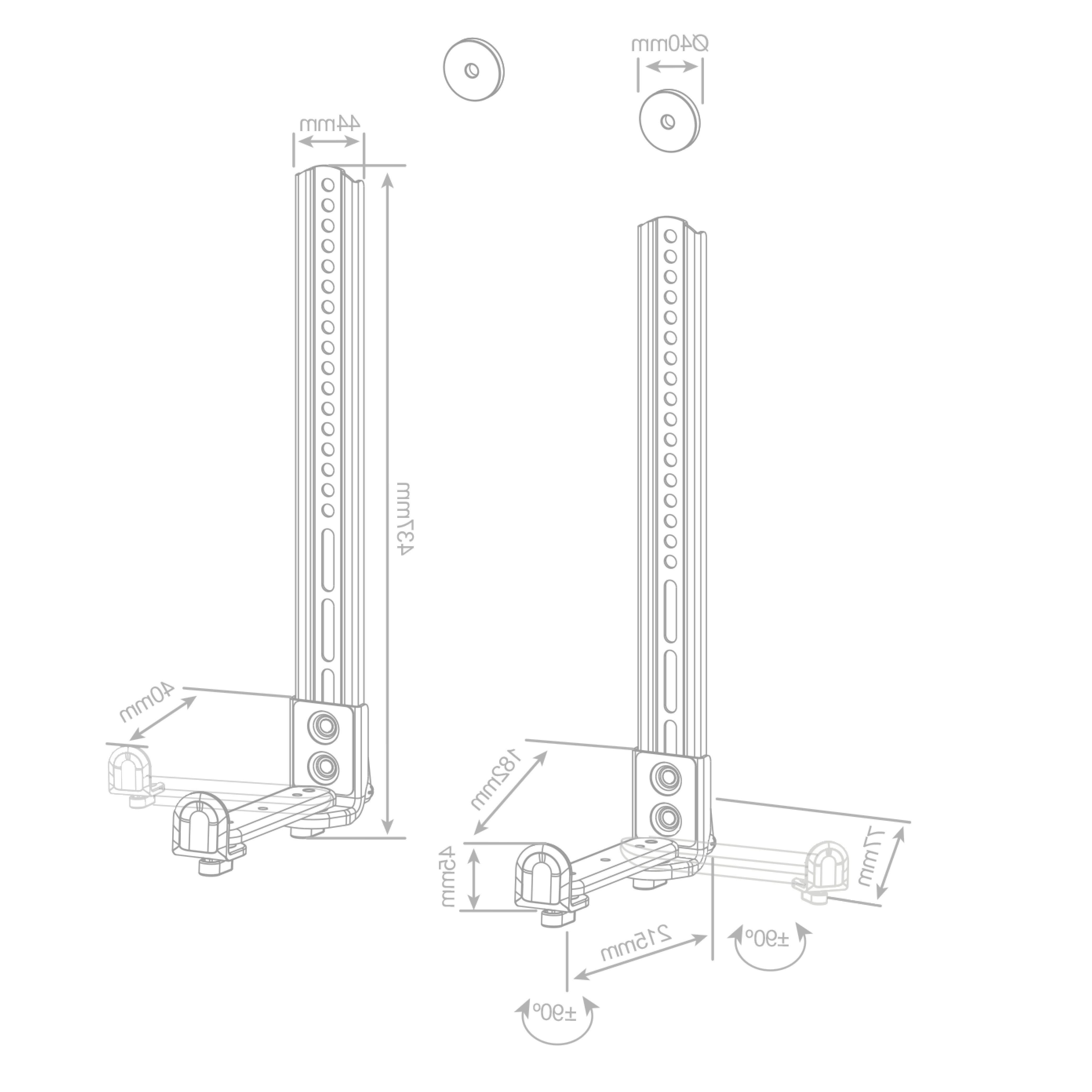 Diagrama de los componentes del soporte de pared para TV que muestra las dimensiones. Incluye soportes y tornillos, en líneas negras.