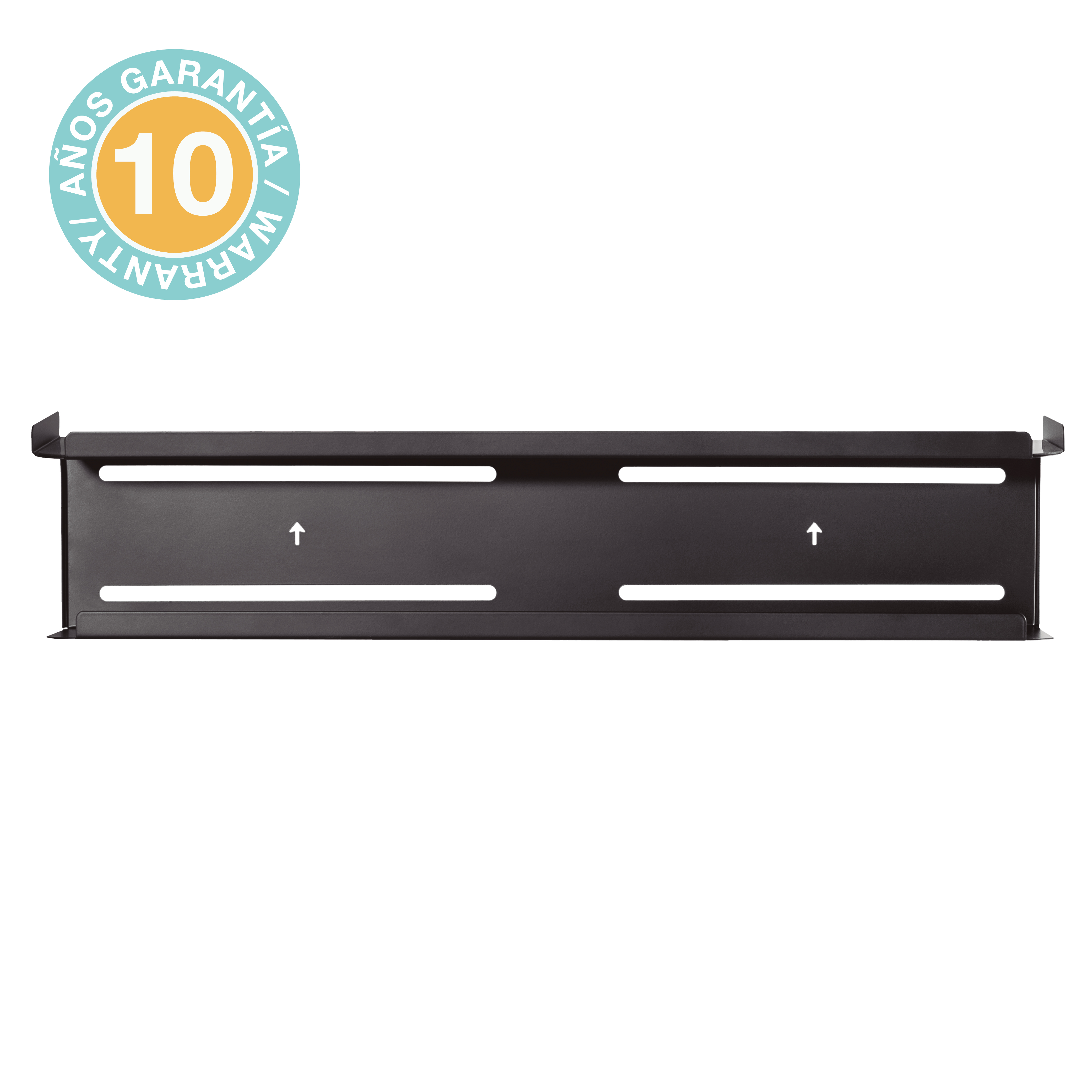 Soporte metálico negro con flechas y agujeros, un logo de 10 años de garantía está en la parte superior izquierda.