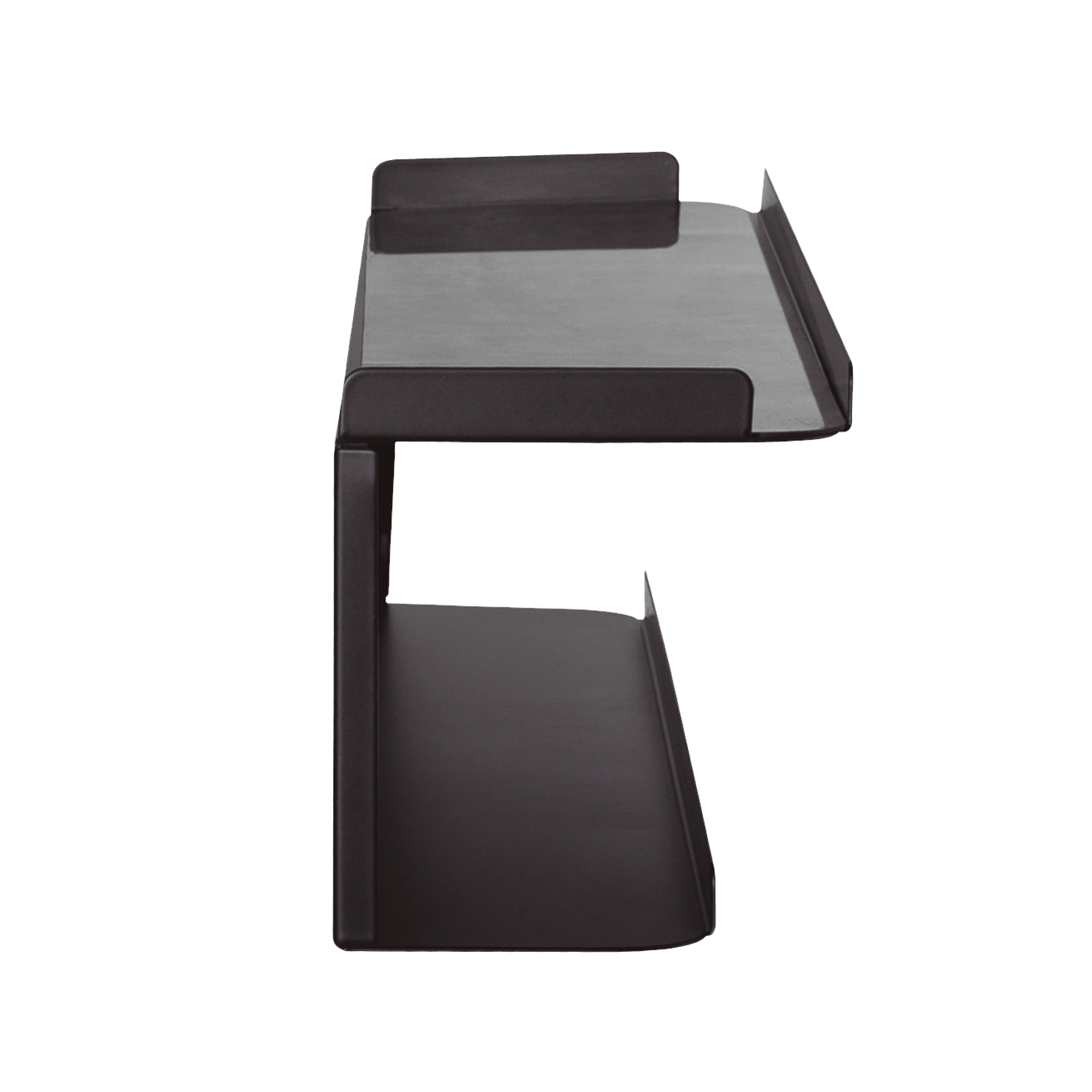 Estante de vidrio negro y transparente, vista lateral, con un fondo blanco.