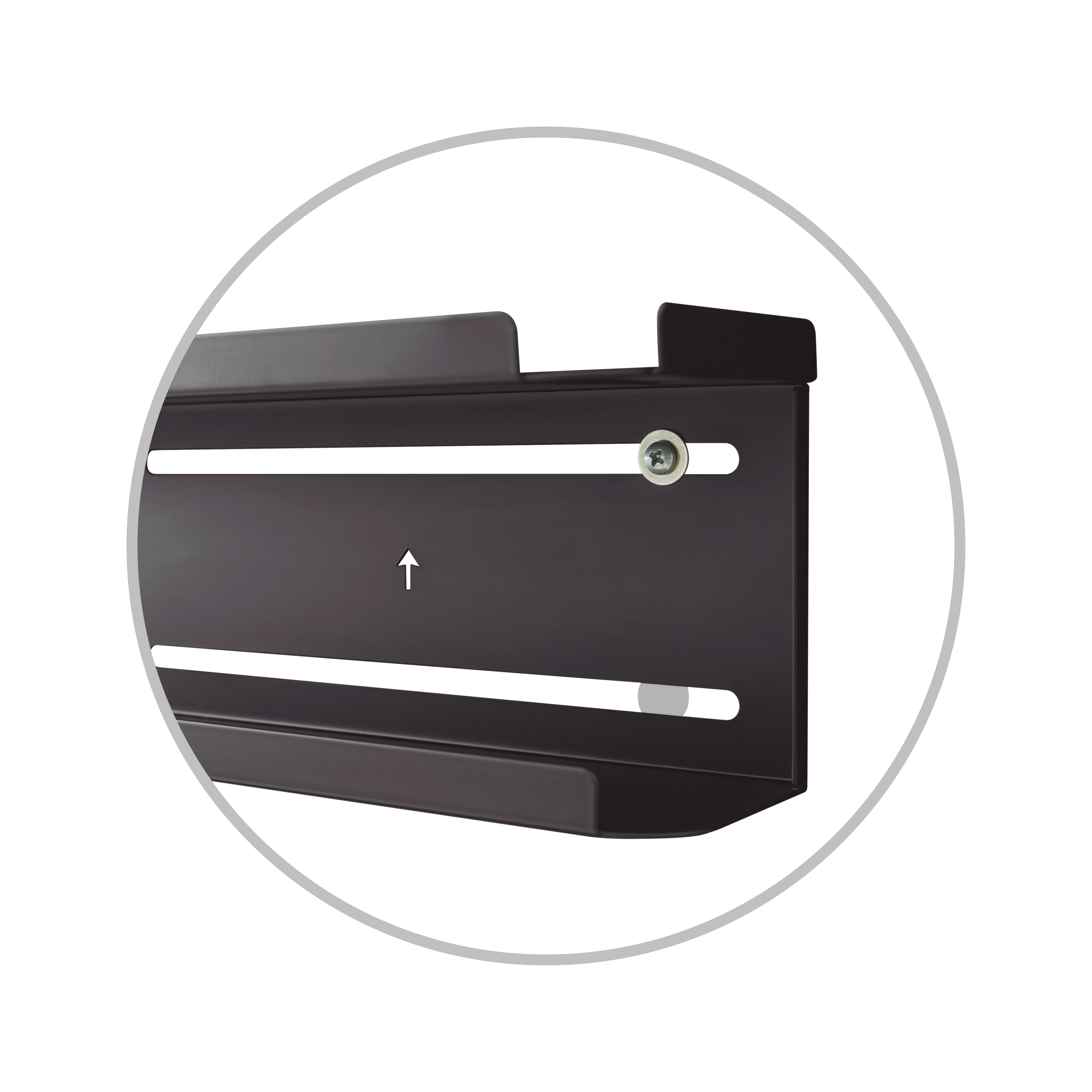Primer plano de un componente negro de soporte de TV con tornillo.